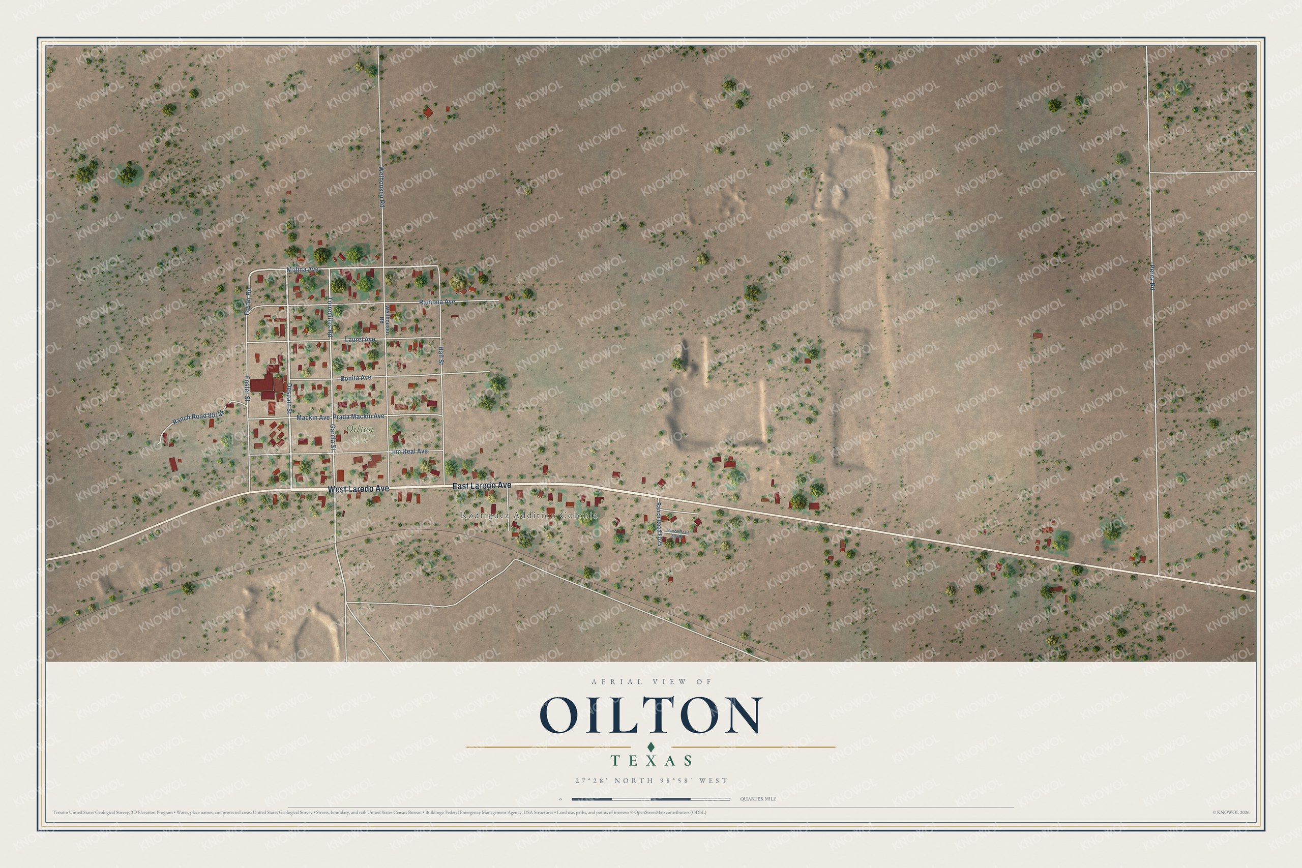 Full map of Oilton, Texas, with red buildings, printed street names and the land around them