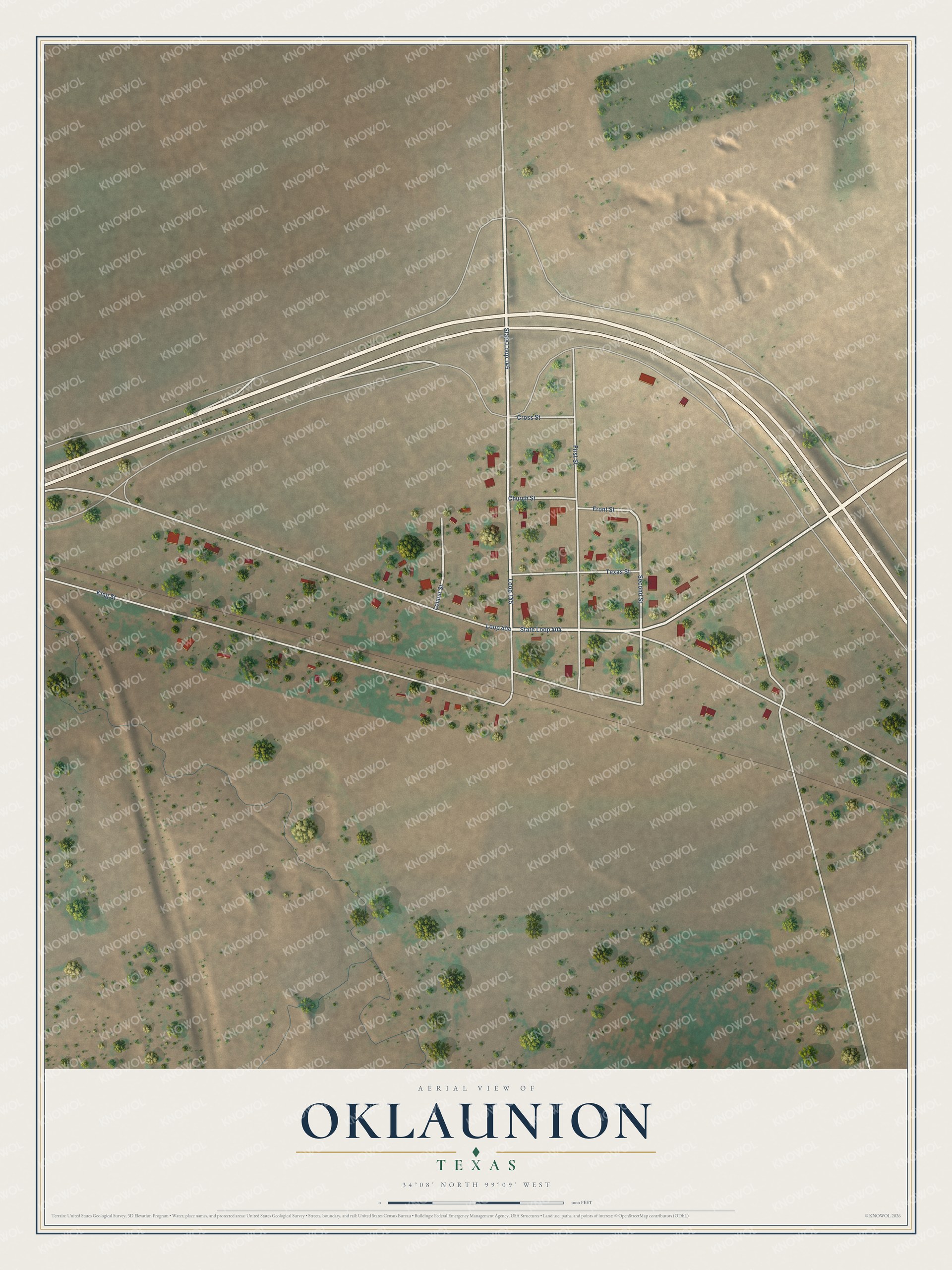 Full map of Oklaunion, Texas, with red buildings, printed street names and the land around them