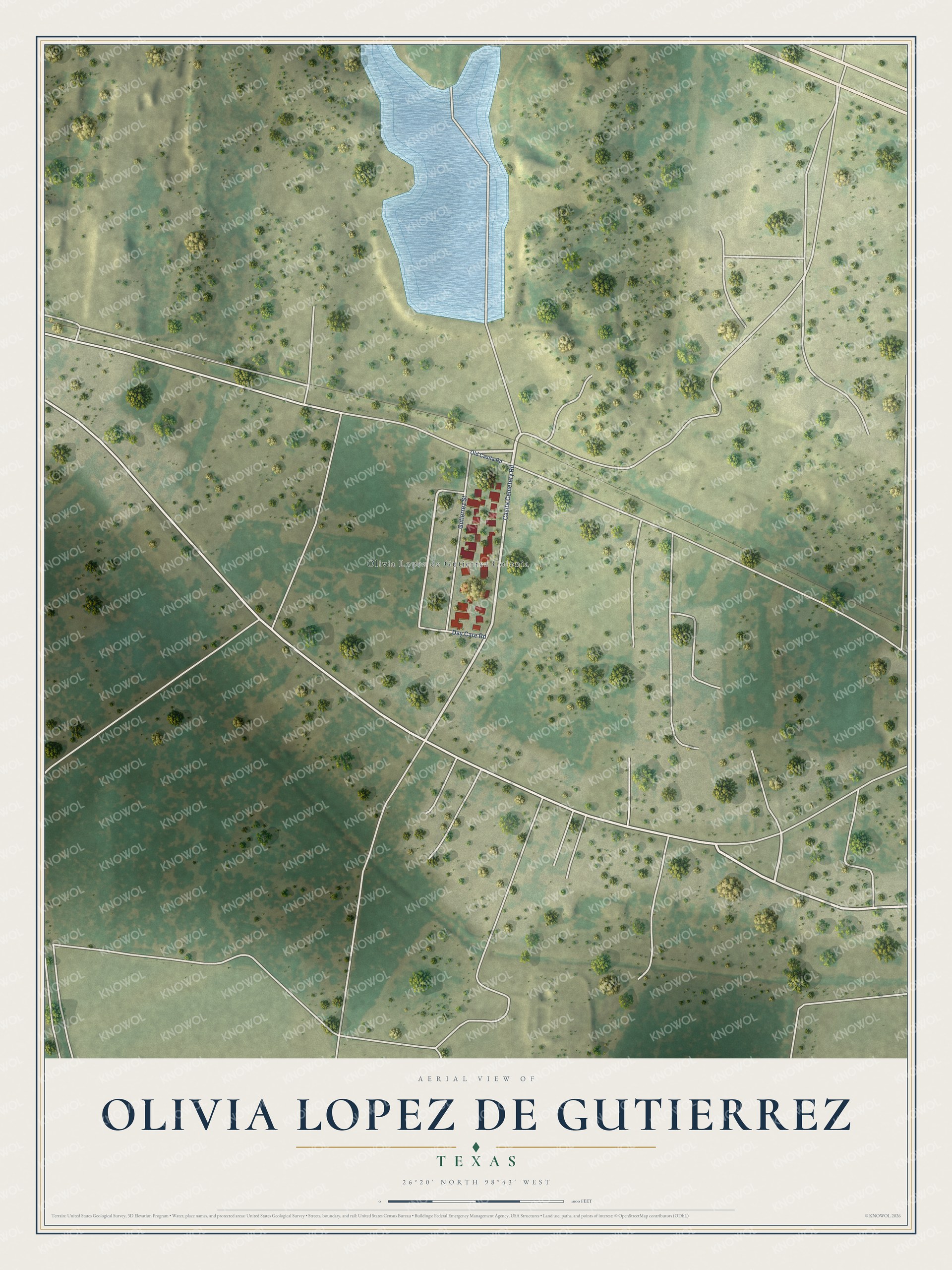 Full map of Olivia Lopez de Gutierrez, Texas, with red buildings, printed street names and the land around them