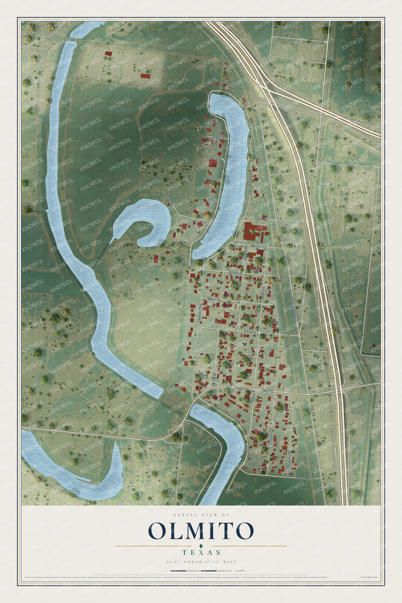 Full map of Olmito, Texas, with red buildings, printed street names and the land around them