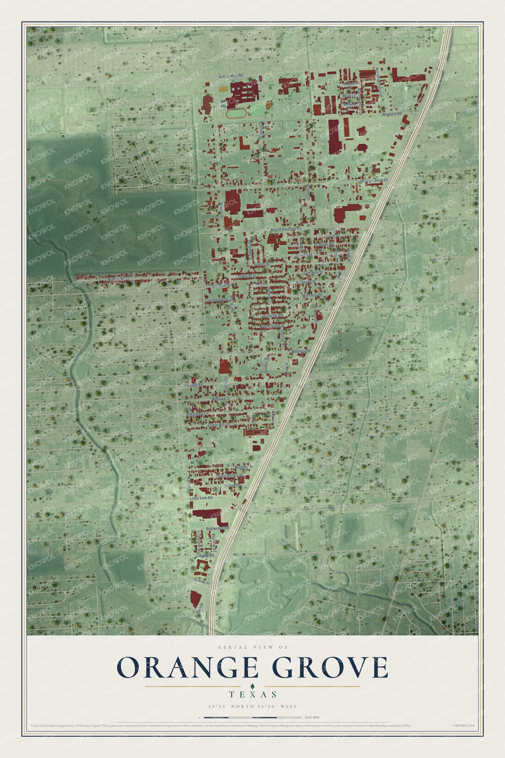Watermarked full-map preview of Orange Grove, Texas
