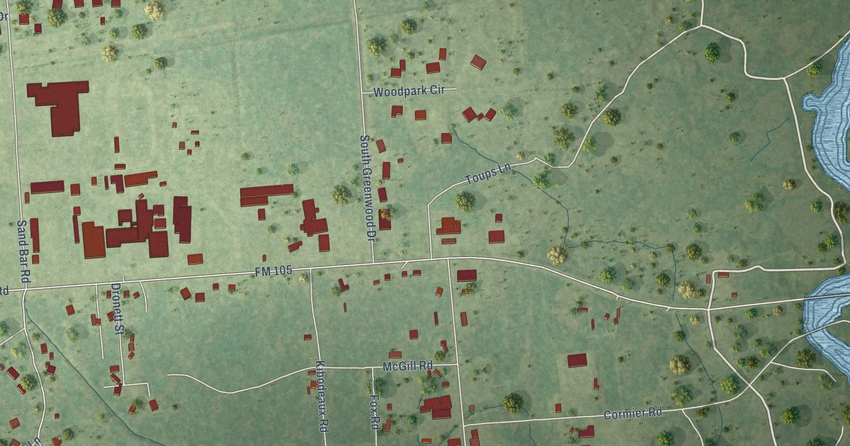 Close-up of streets and buildings in Orangefield, Texas
