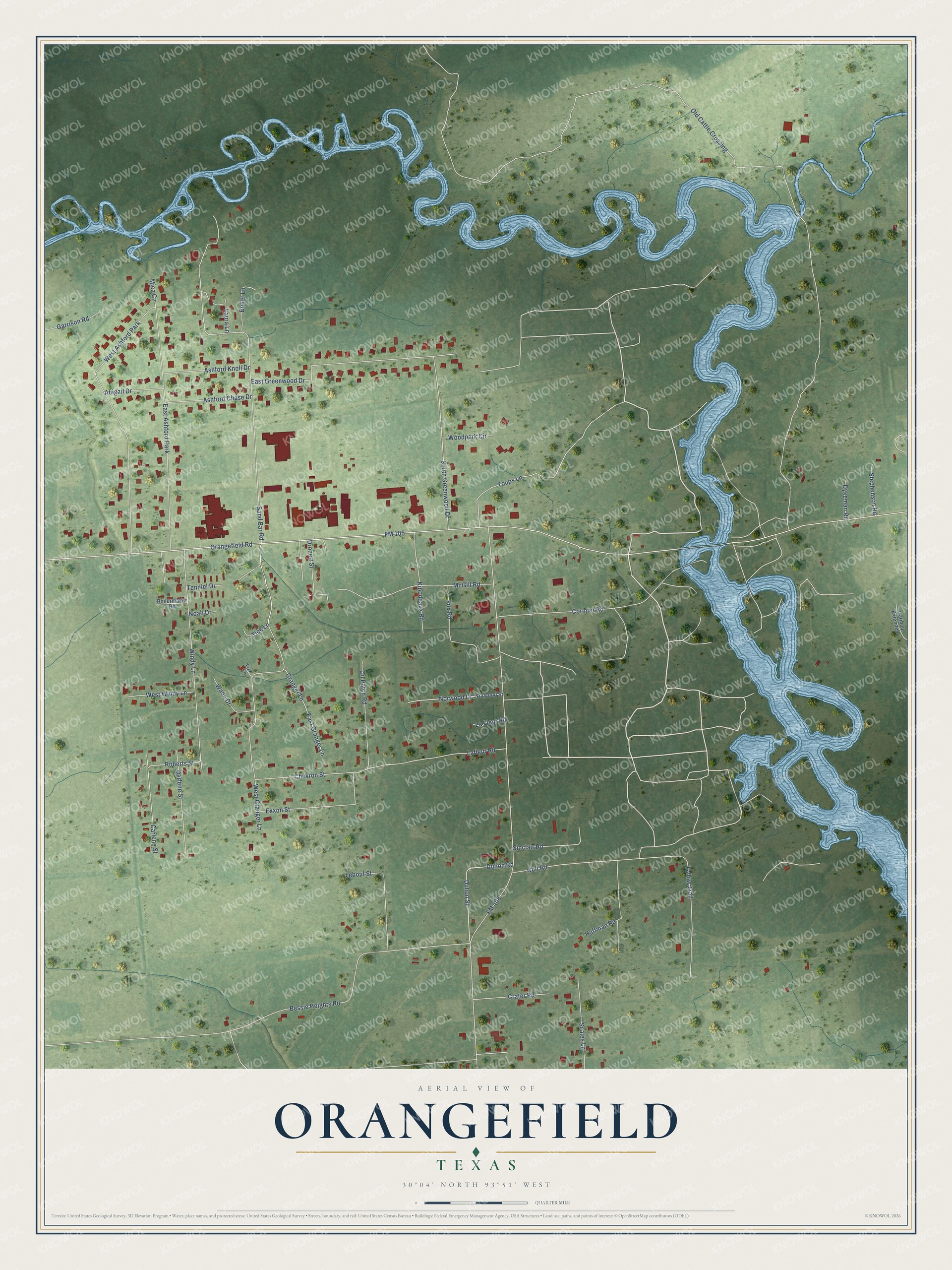 Watermarked full-map preview of Orangefield, Texas
