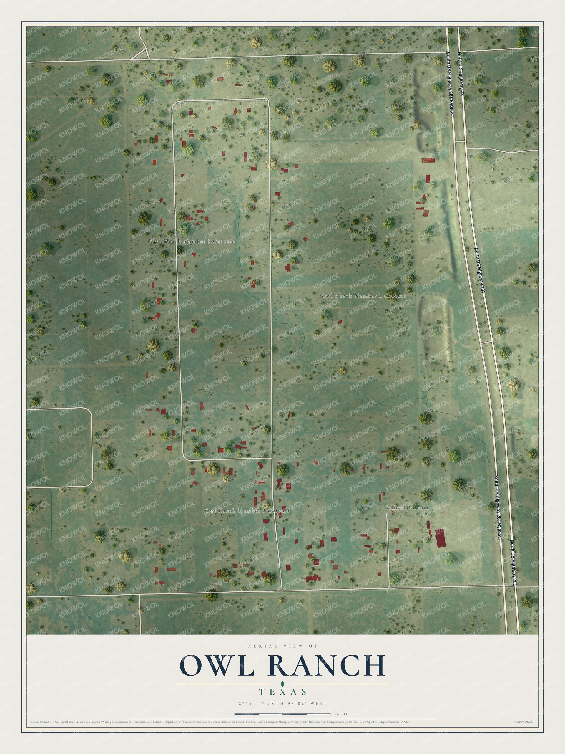 Full map of Owl Ranch, Texas, with red buildings, printed street names and the land around them