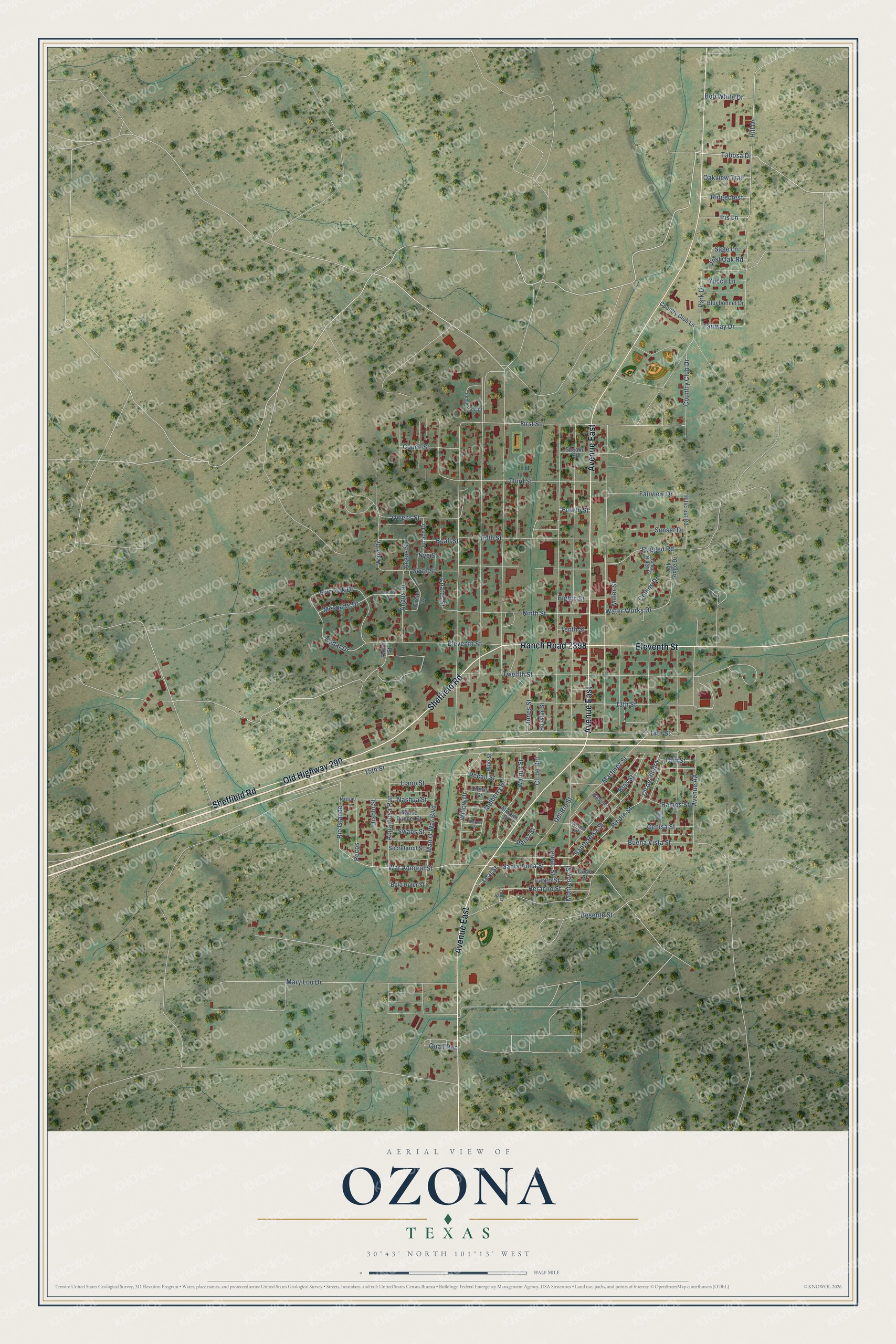 Full map of Ozona, Texas, with red buildings, printed street names and the land around them