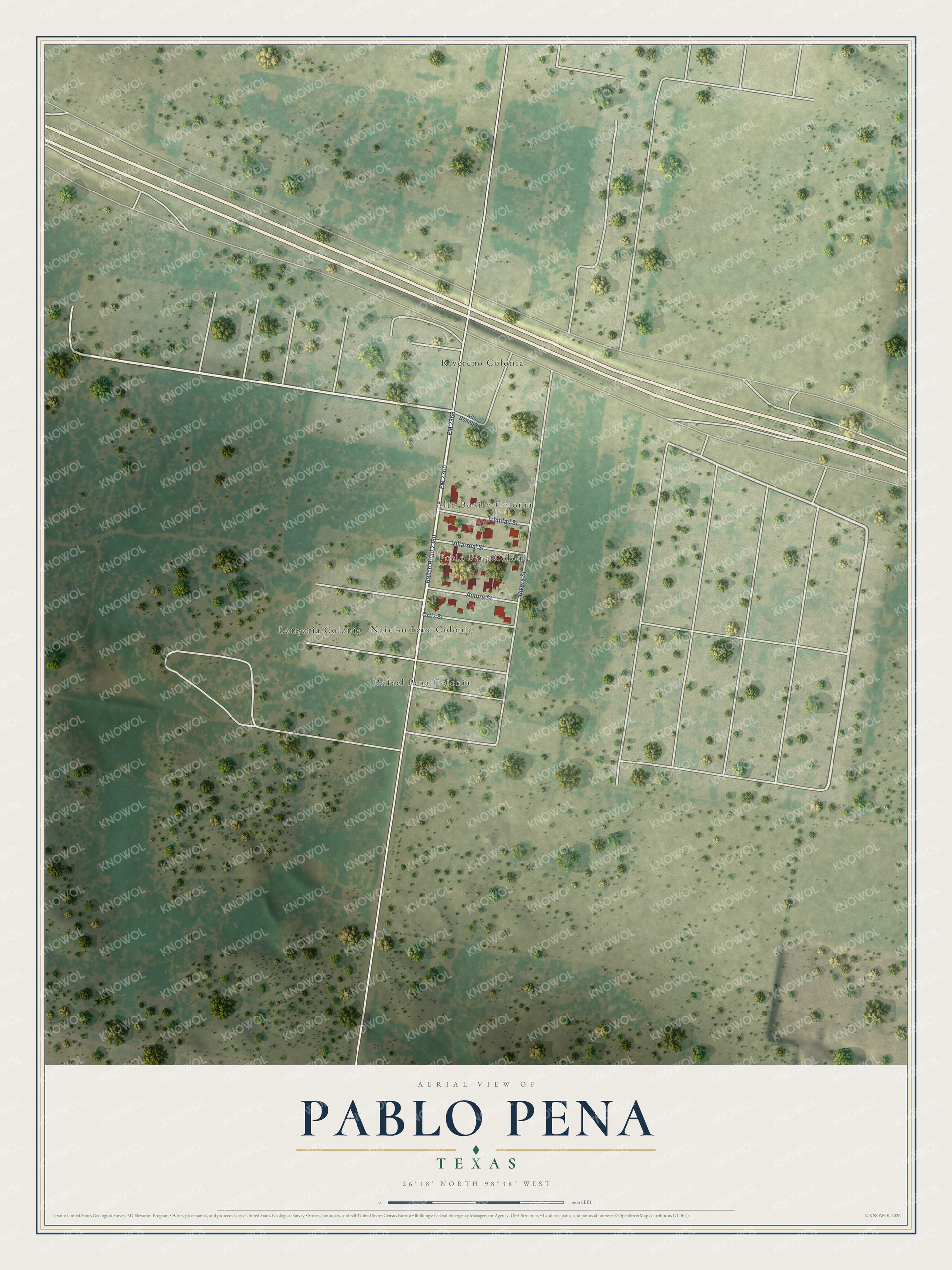 Full map of Pablo Pena, Texas, with red buildings, printed street names and the land around them