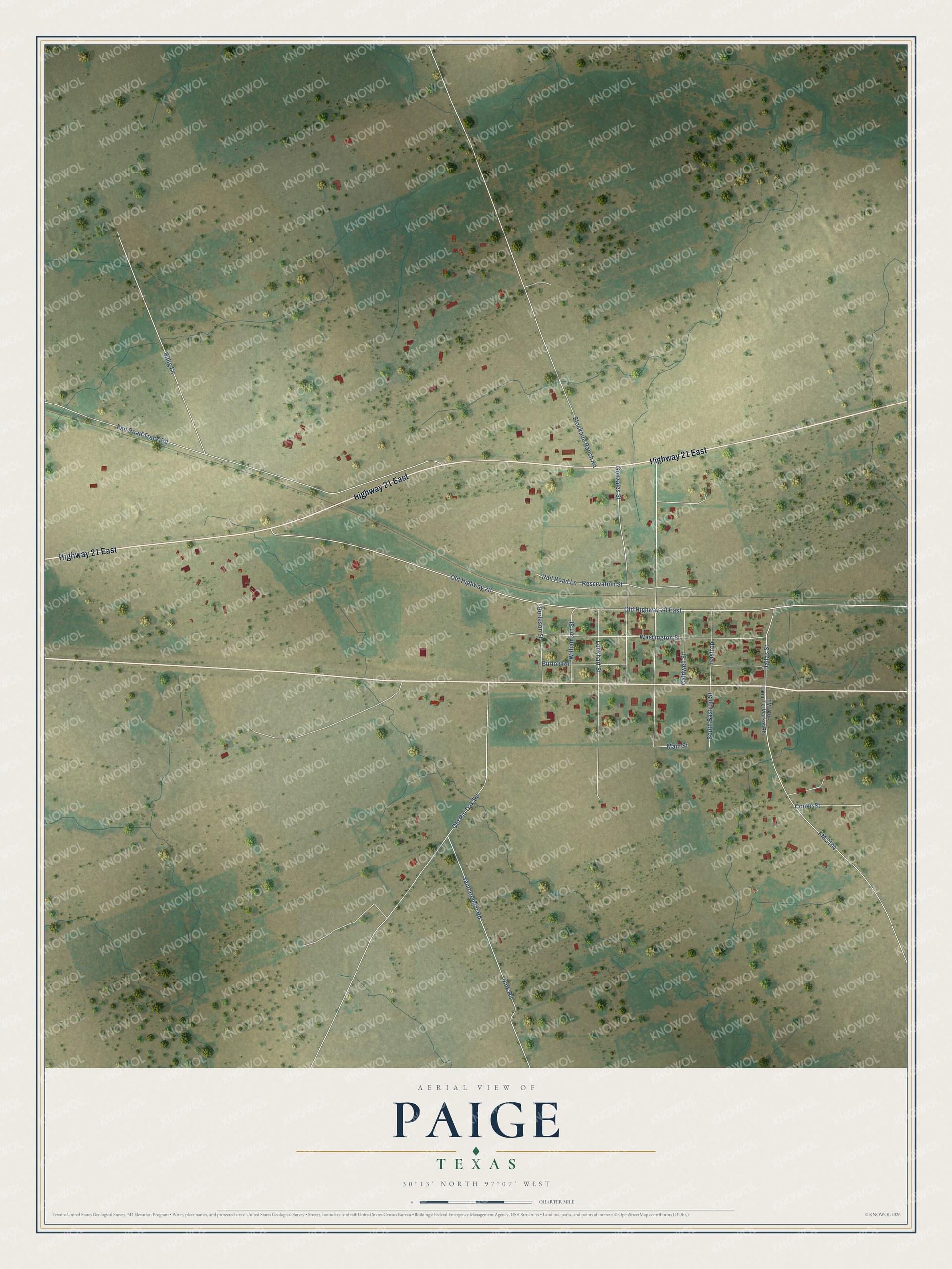 Full map of Paige, Texas, with red buildings, printed street names and the land around them