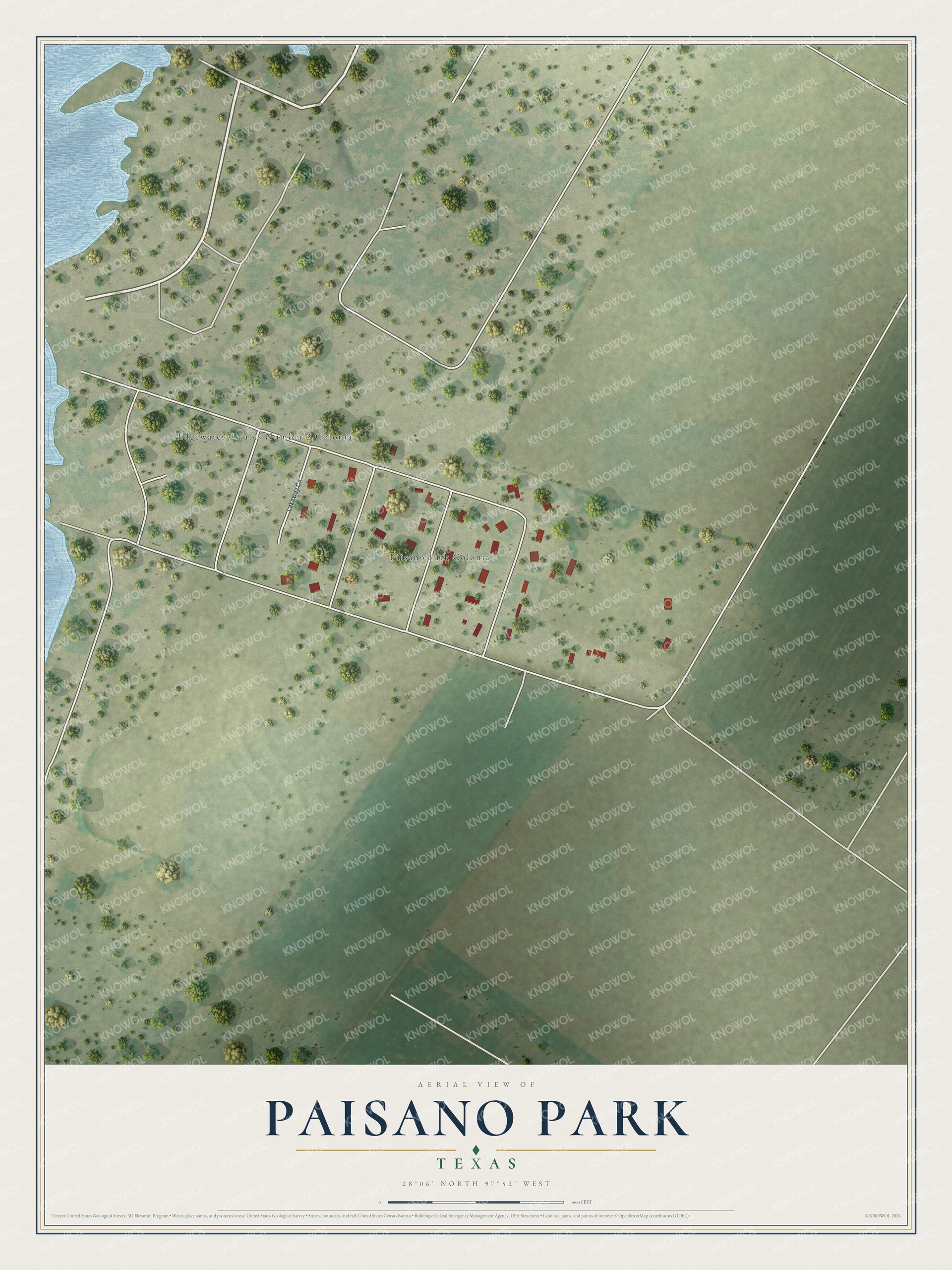 Full map of Paisano Park, Texas, with red buildings, printed street names and the land around them