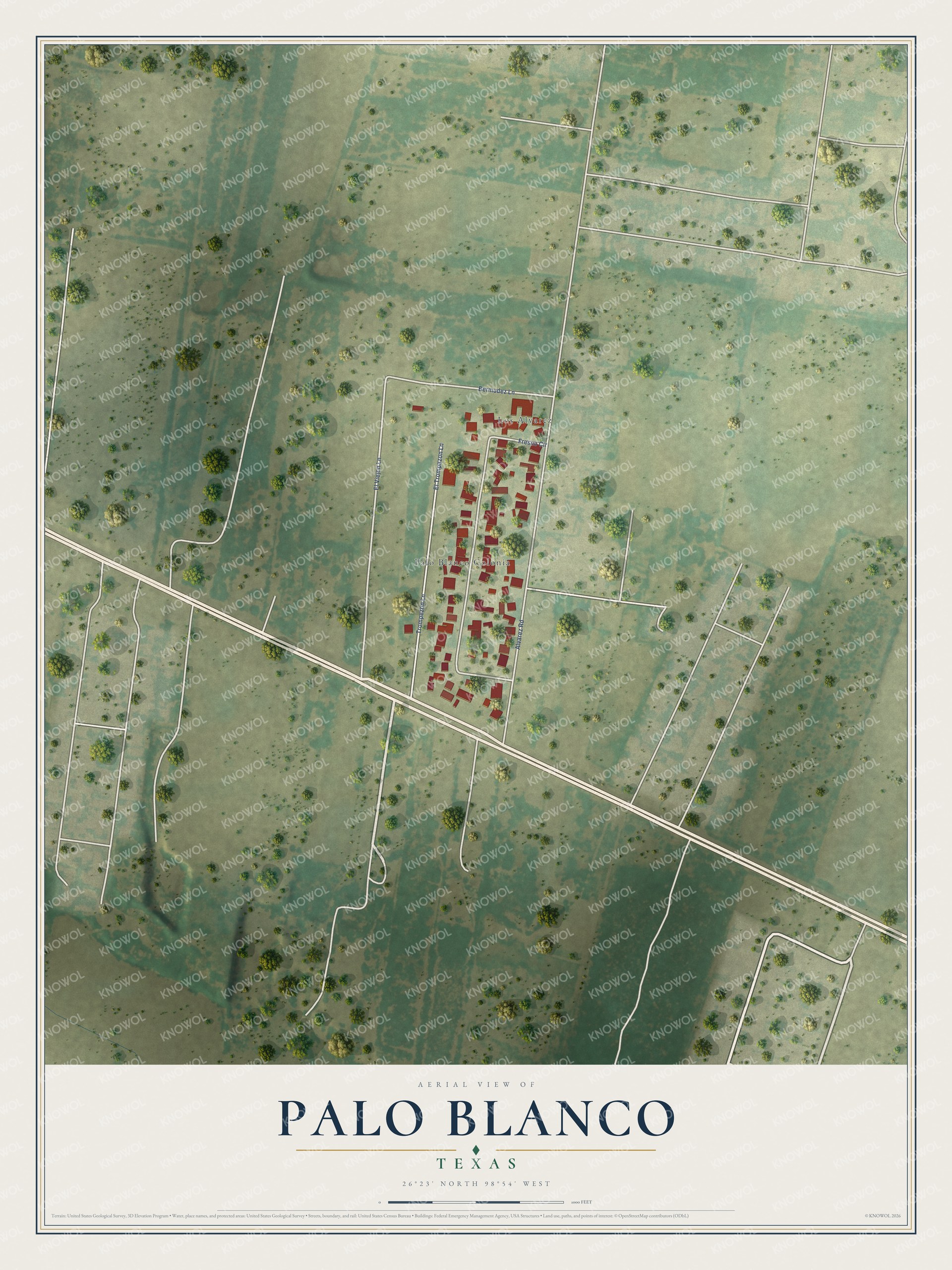 Full map of Palo Blanco, Texas, with red buildings, printed street names and the land around them