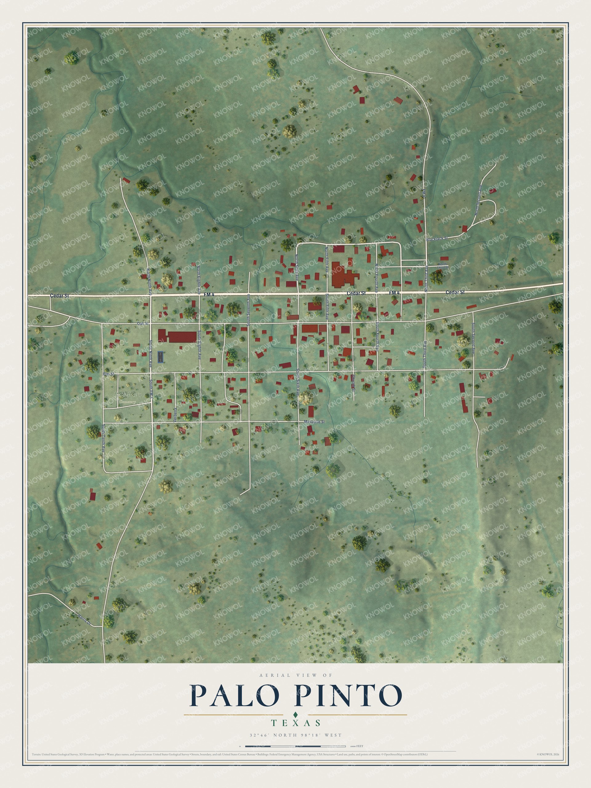 Full map of Palo Pinto, Texas, with red buildings, printed street names and the land around them