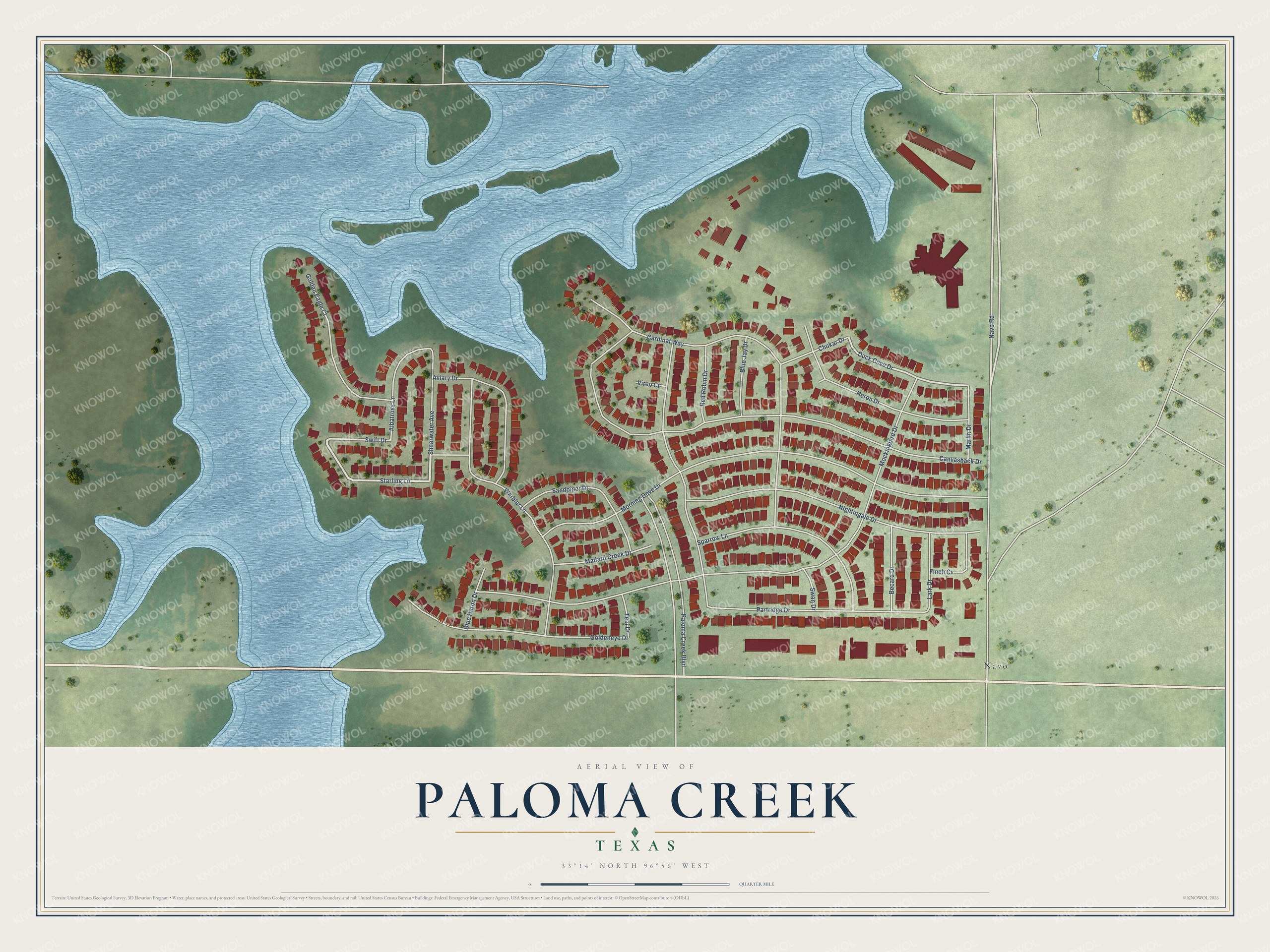 Full map of Paloma Creek, Texas, with red buildings, printed street names and the land around them