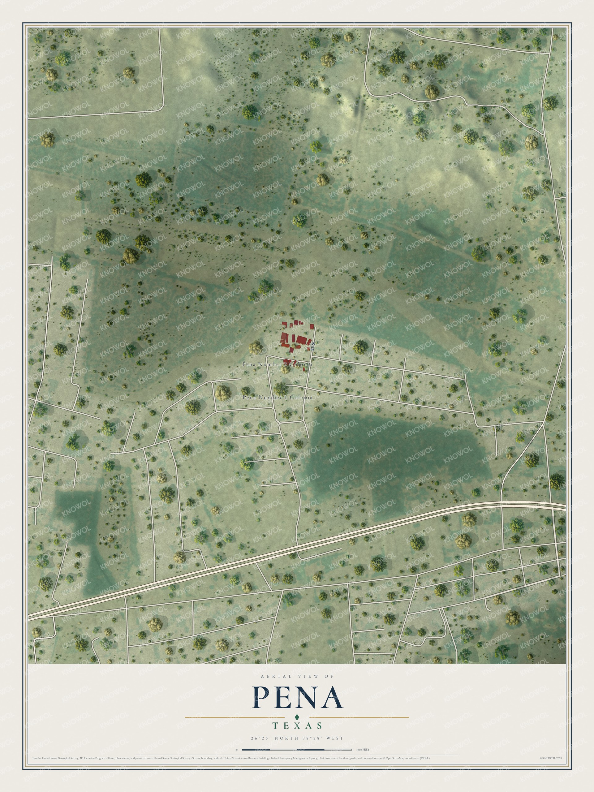 Full map of Pena, Texas, with red buildings, printed street names and the land around them