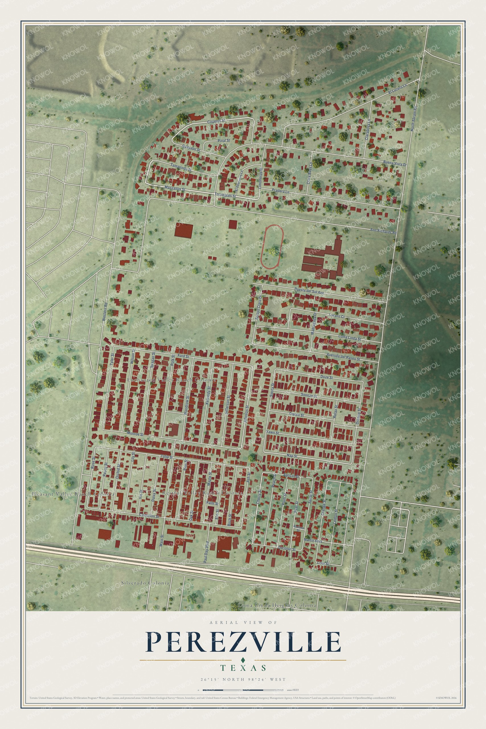 Full map of Perezville, Texas, with red buildings, printed street names and the land around them