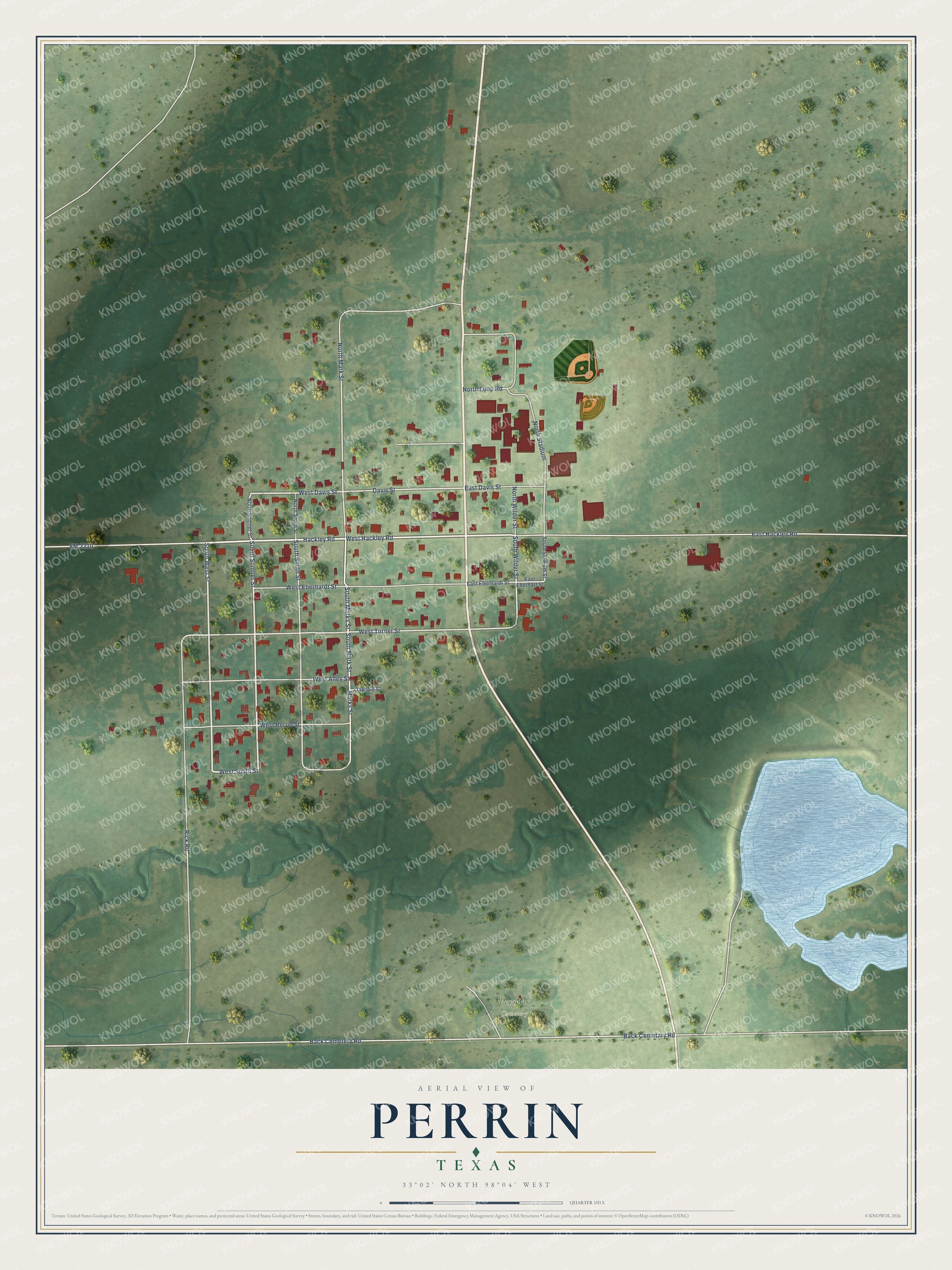 Full map of Perrin, Texas, with red buildings, printed street names and the land around them