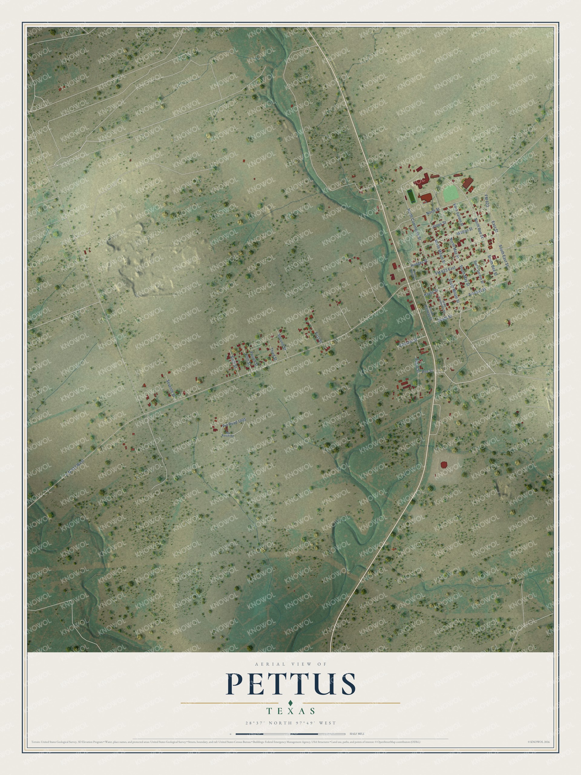 Watermarked full-map preview of Pettus, Texas