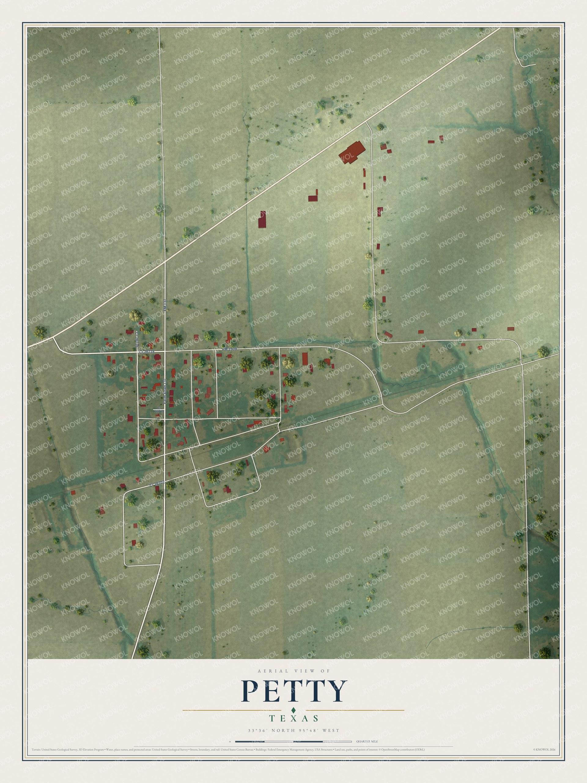 Full map of Petty, Texas, with red buildings, printed street names and the land around them