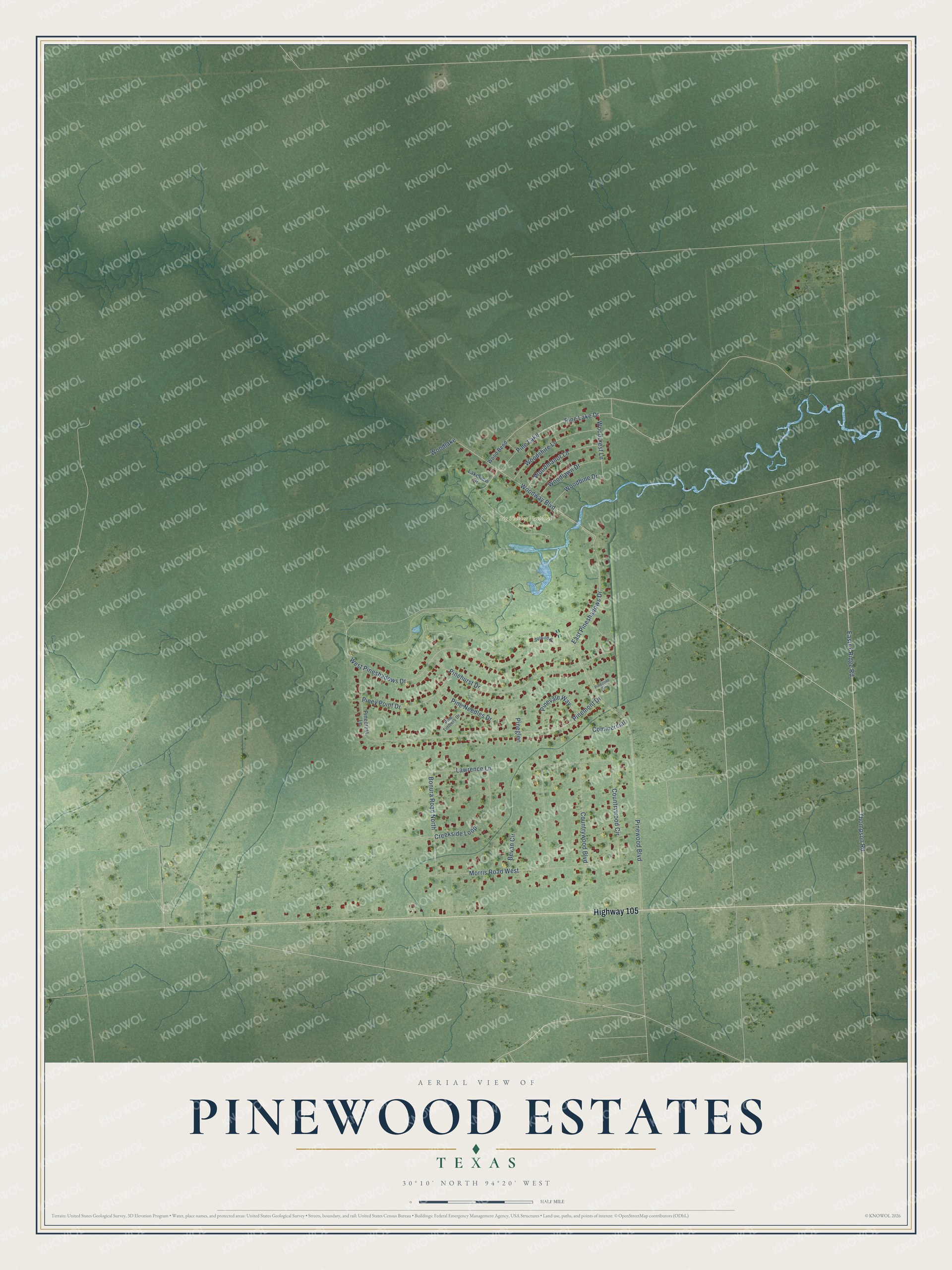 Full map of Pinewood Estates, Texas, with red buildings, printed street names and the land around them