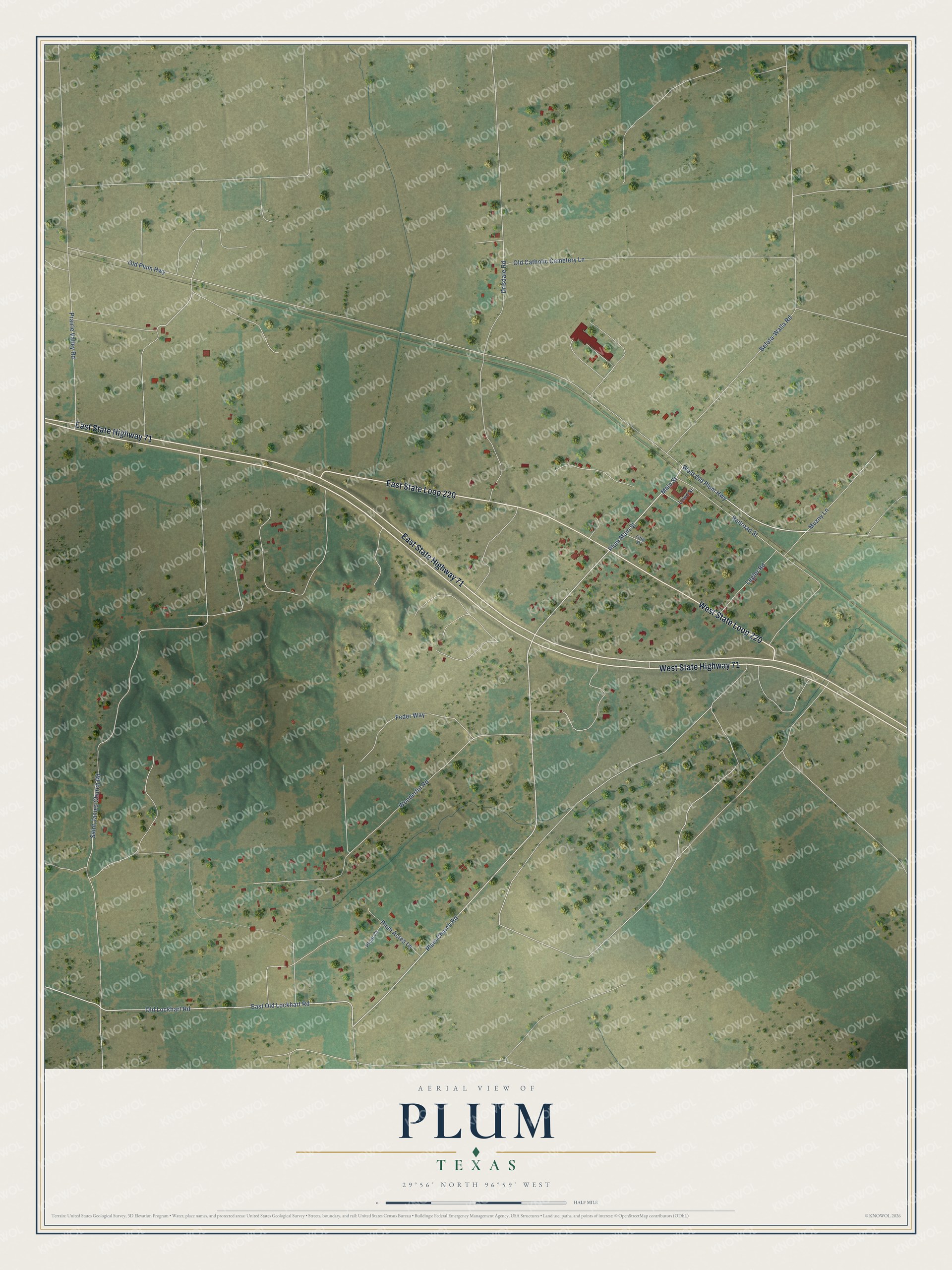 Full map of Plum, Texas, with red buildings, printed street names and the land around them