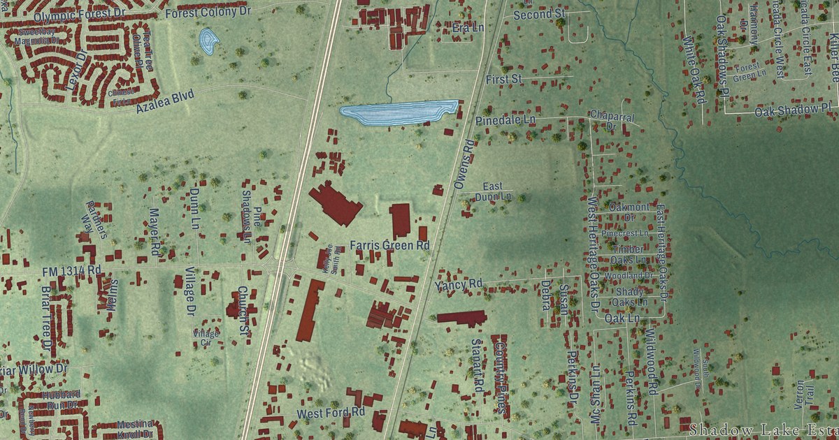 Close-up of streets and buildings in Porter, Texas