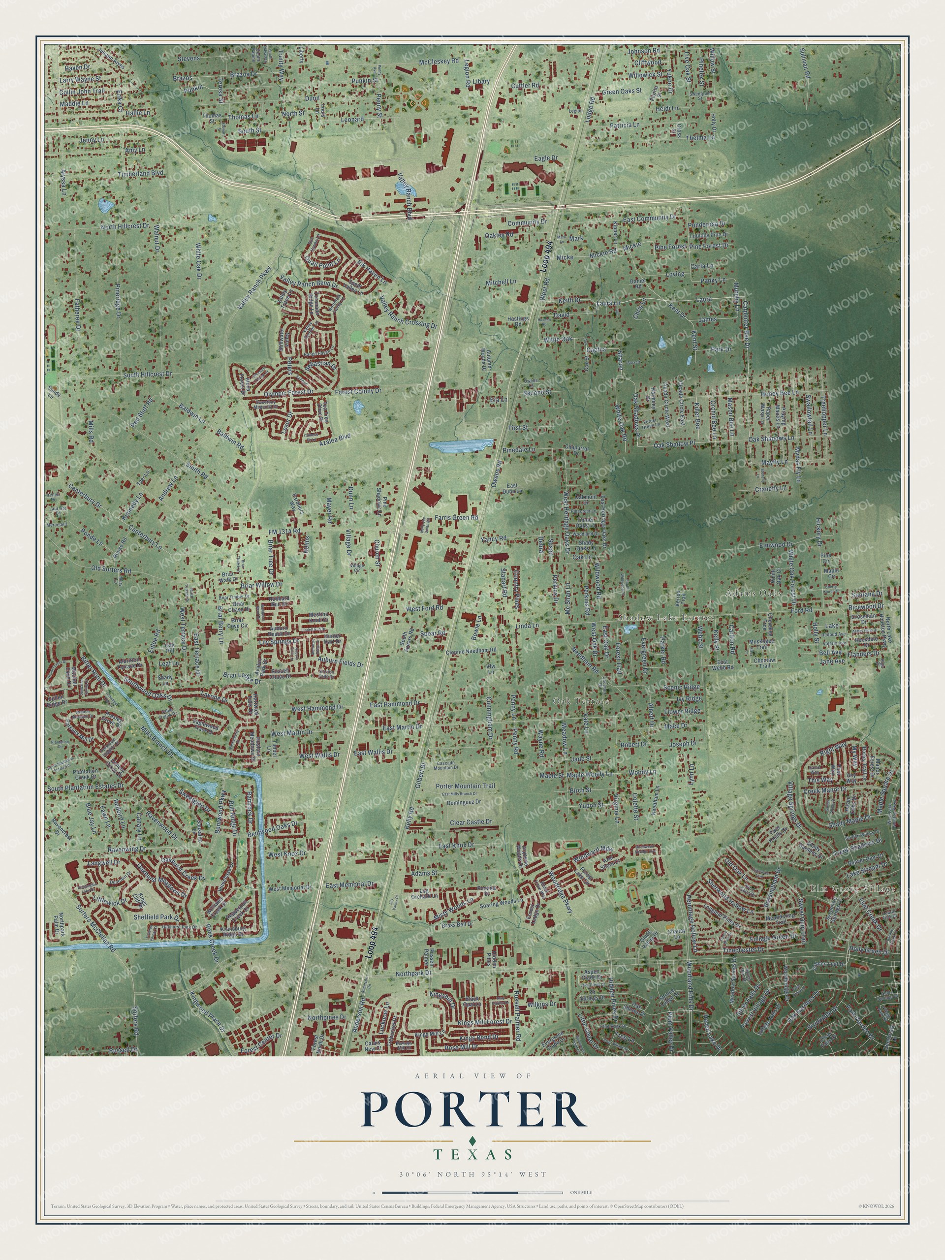 Full map of Porter, Texas, with red buildings, printed street names and the land around them