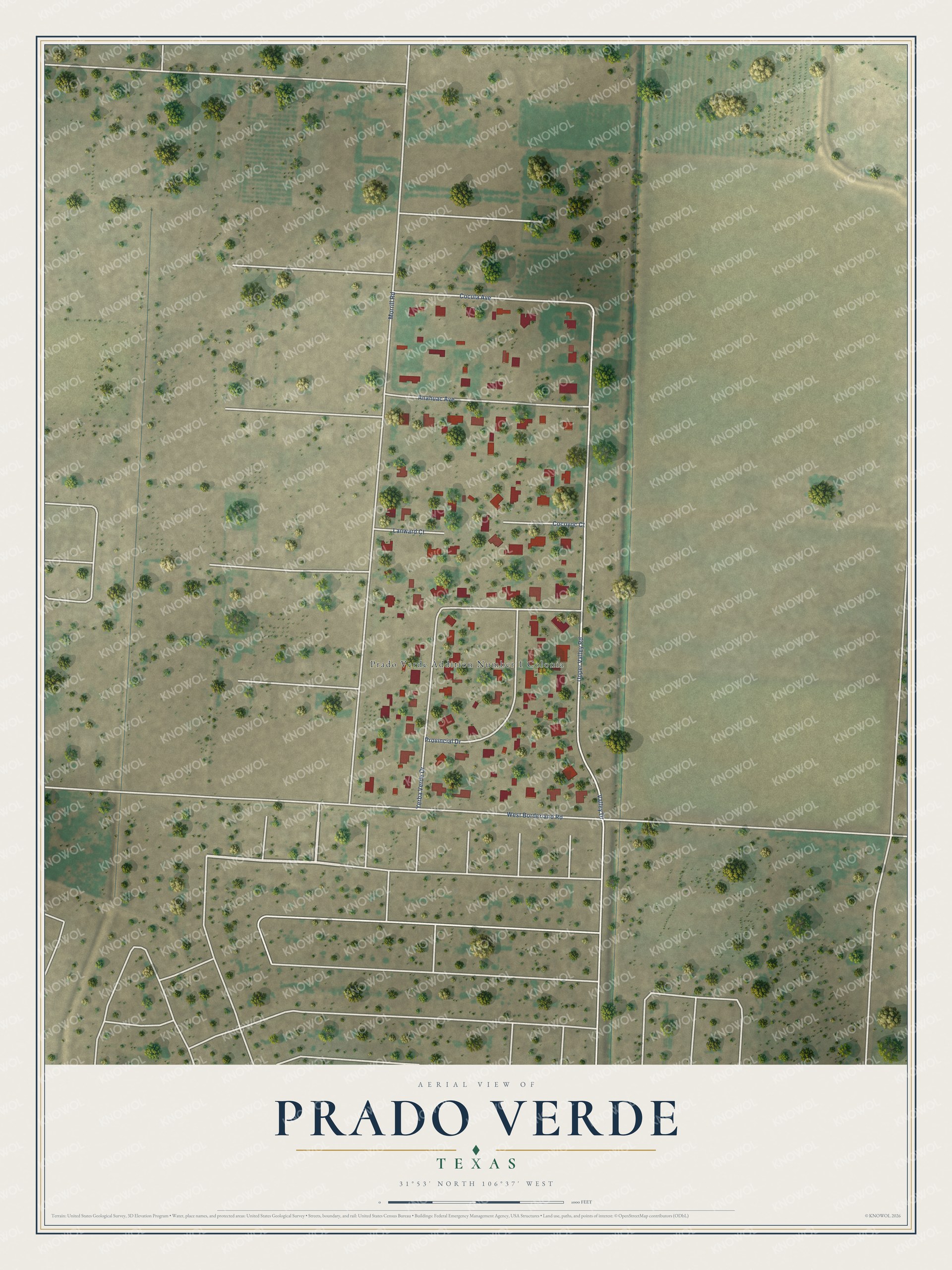 Full map of Prado Verde, Texas, with red buildings, printed street names and the land around them