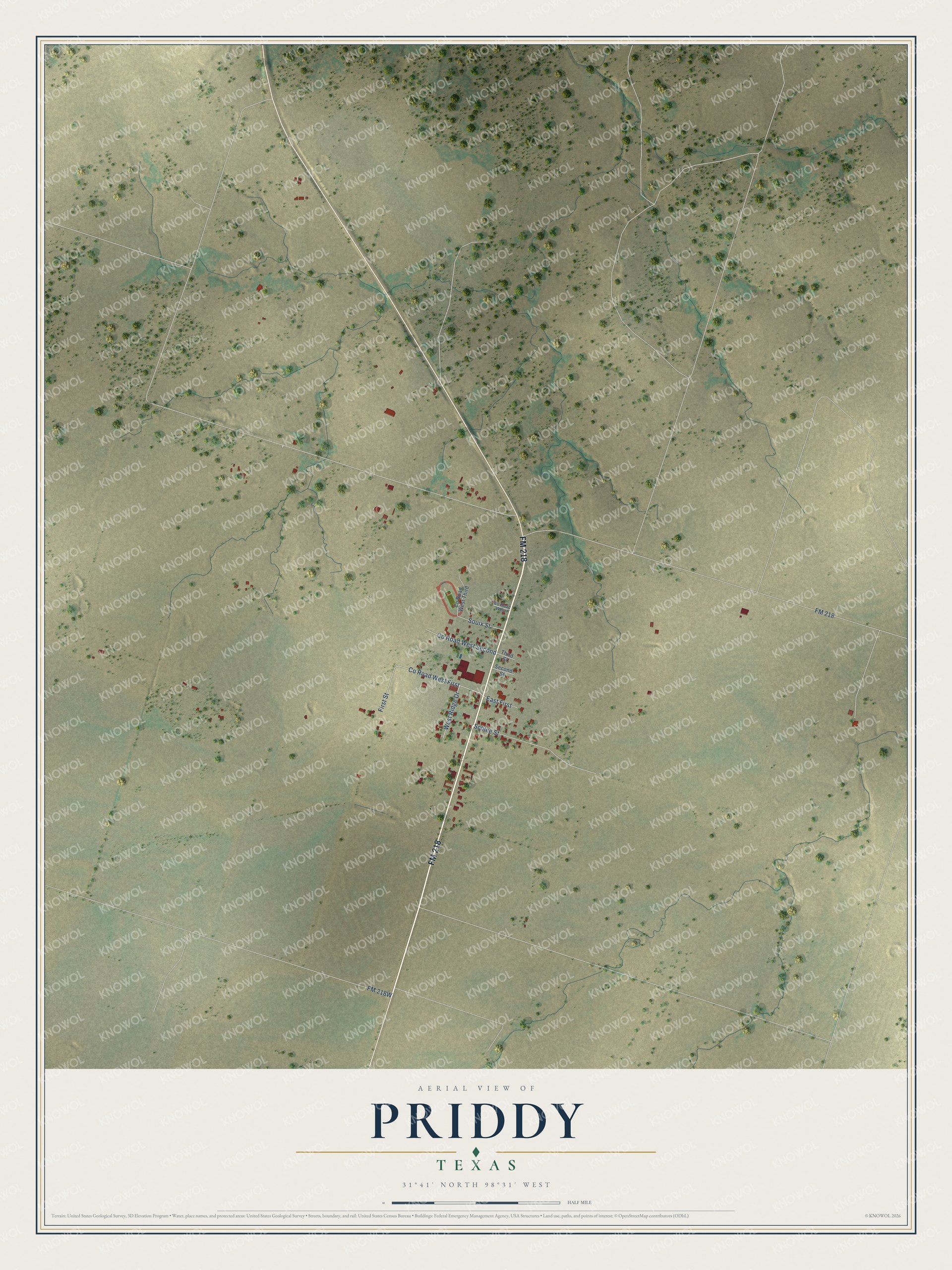 Full map of Priddy, Texas, with red buildings, printed street names and the land around them