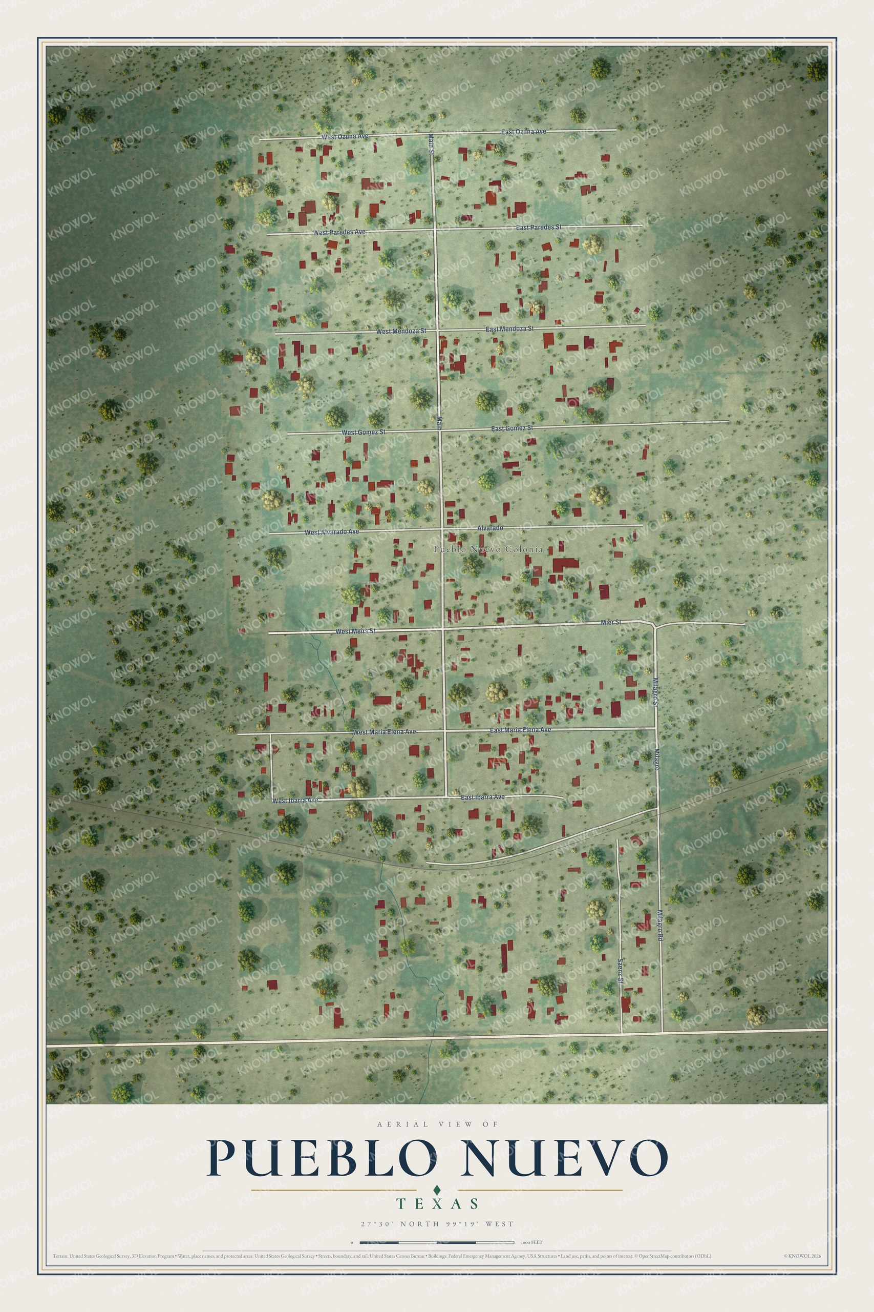 Full map of Pueblo Nuevo, Texas, with red buildings, printed street names and the land around them