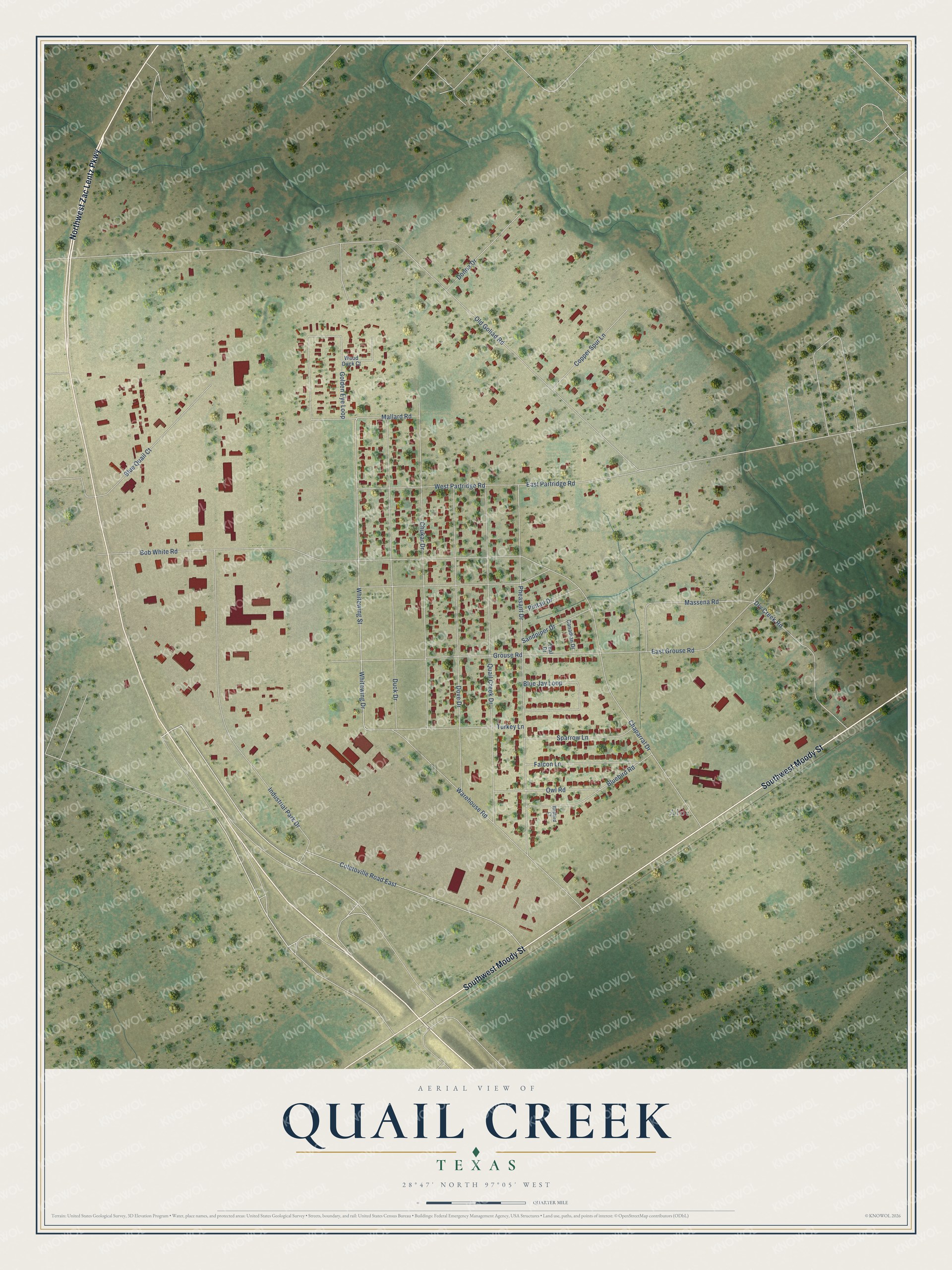 Full map of Quail Creek, Texas, with red buildings, printed street names and the land around them