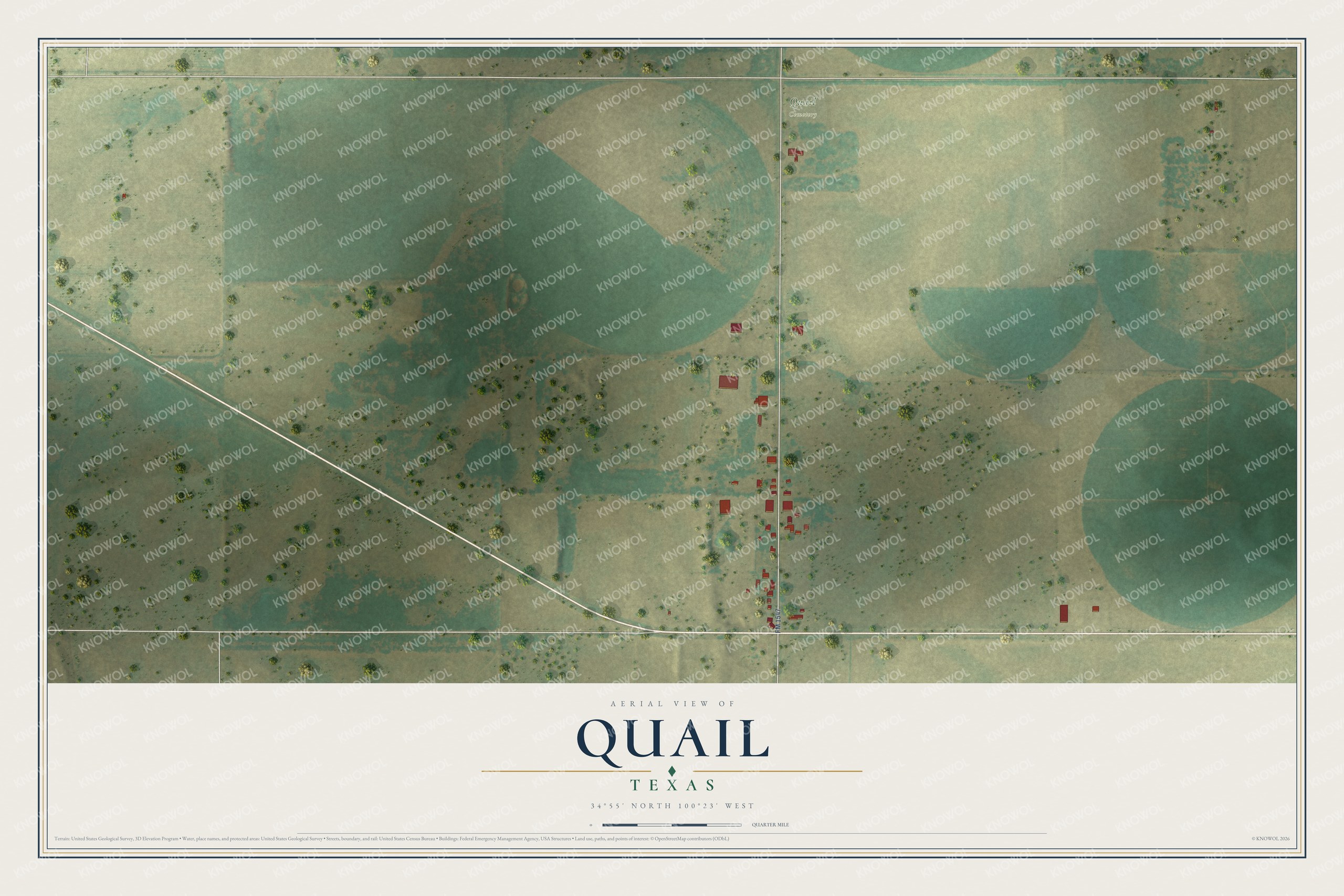 Full map of Quail, Texas, with red buildings, printed street names and the land around them