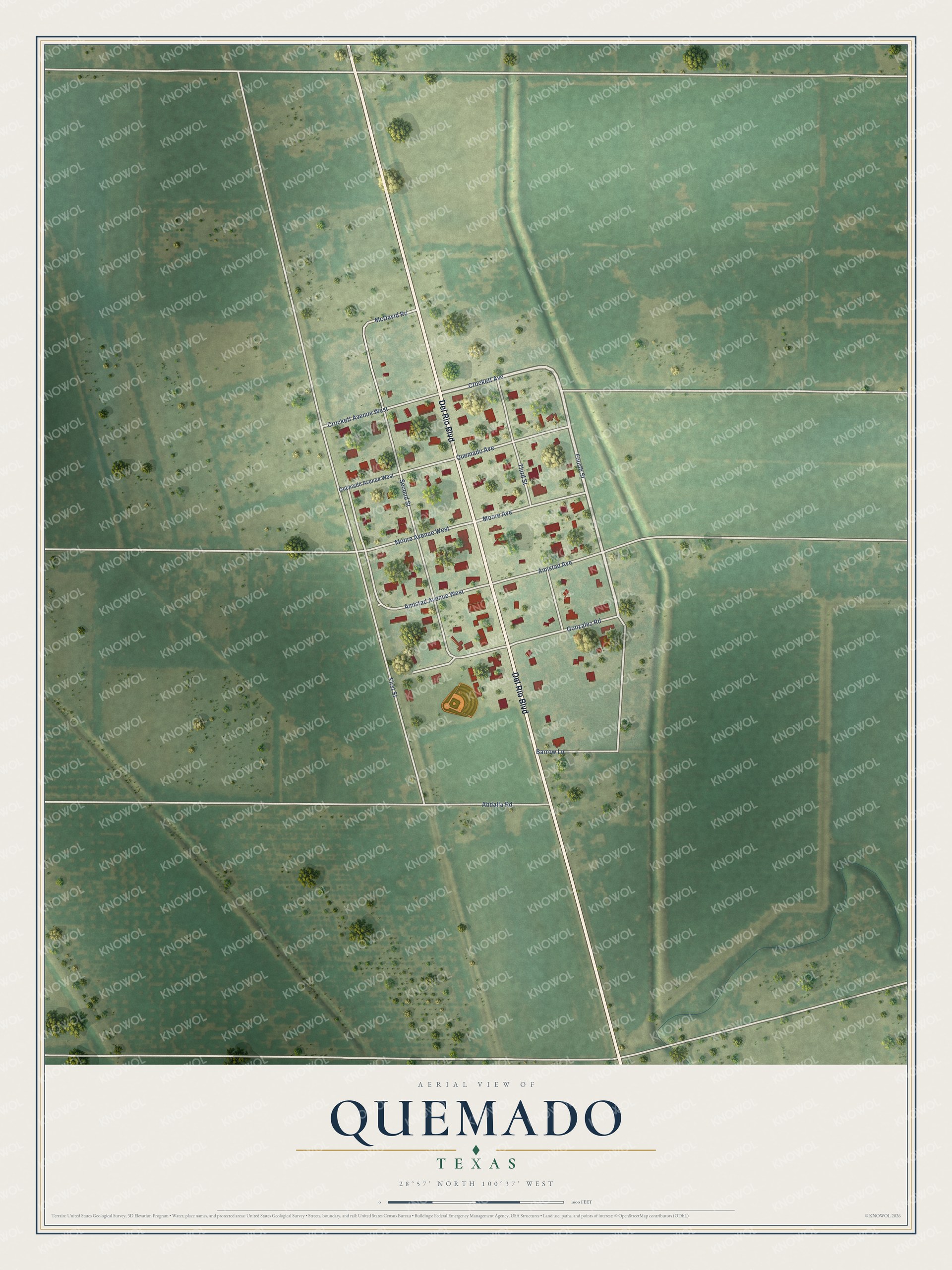 Full map of Quemado, Texas, with red buildings, printed street names and the land around them