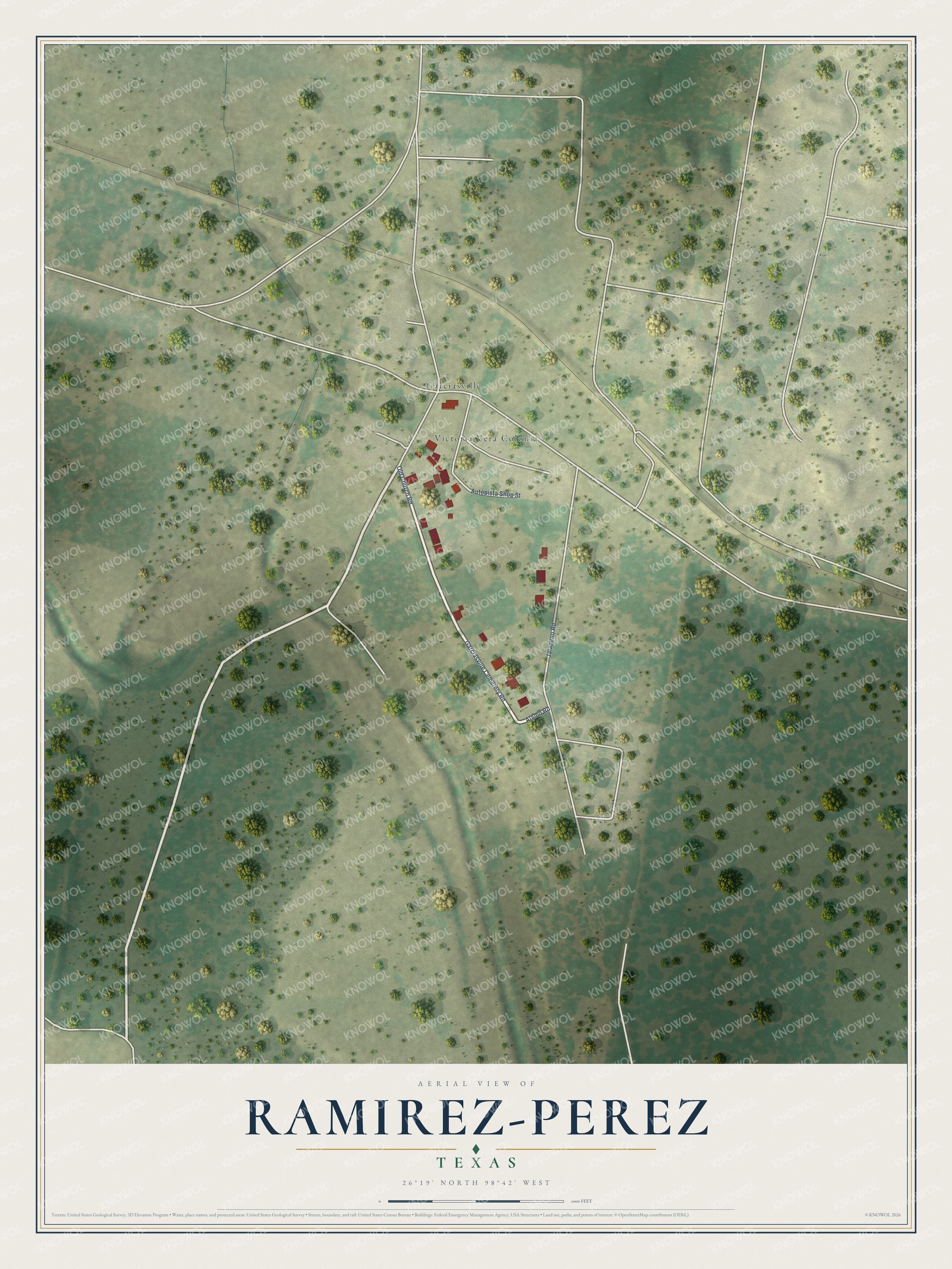 Full map of Ramirez-Perez, Texas, with red buildings, printed street names and the land around them