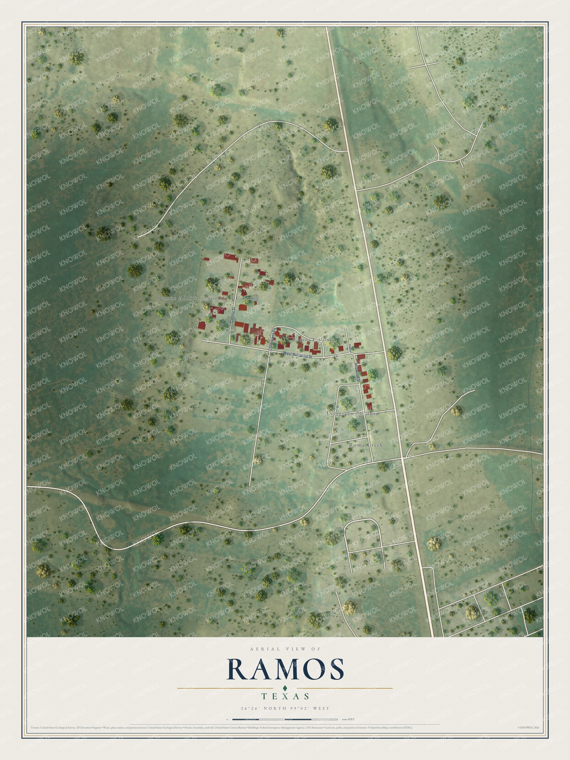 Full map of Ramos, Texas, with red buildings, printed street names and the land around them