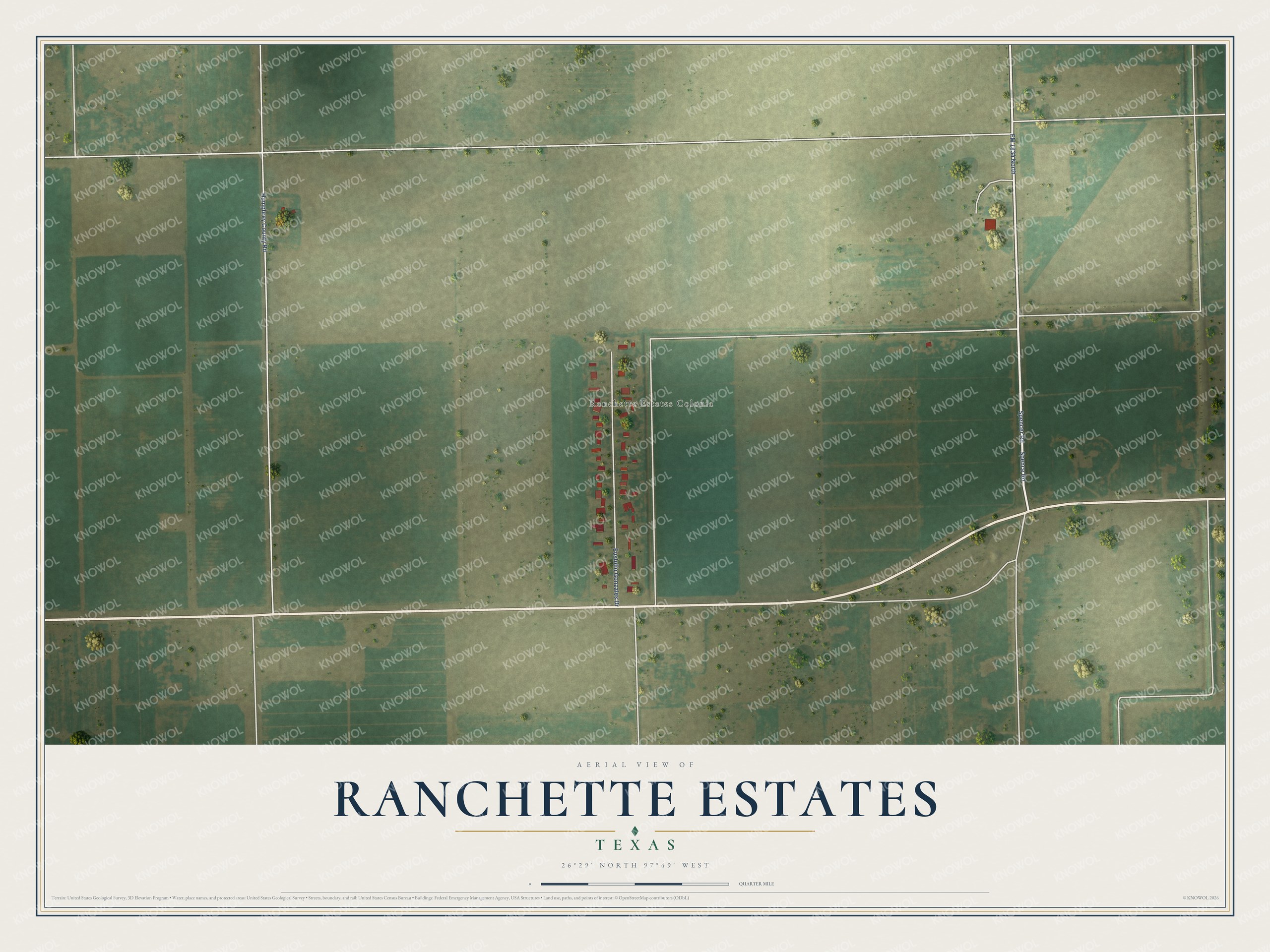 Full map of Ranchette Estates, Texas, with red buildings, printed street names and the land around them