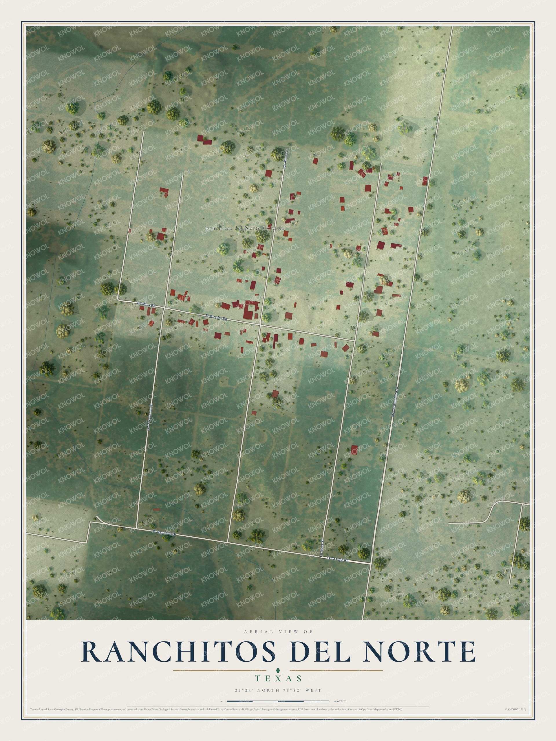Full map of Ranchitos del Norte, Texas, with red buildings, printed street names and the land around them