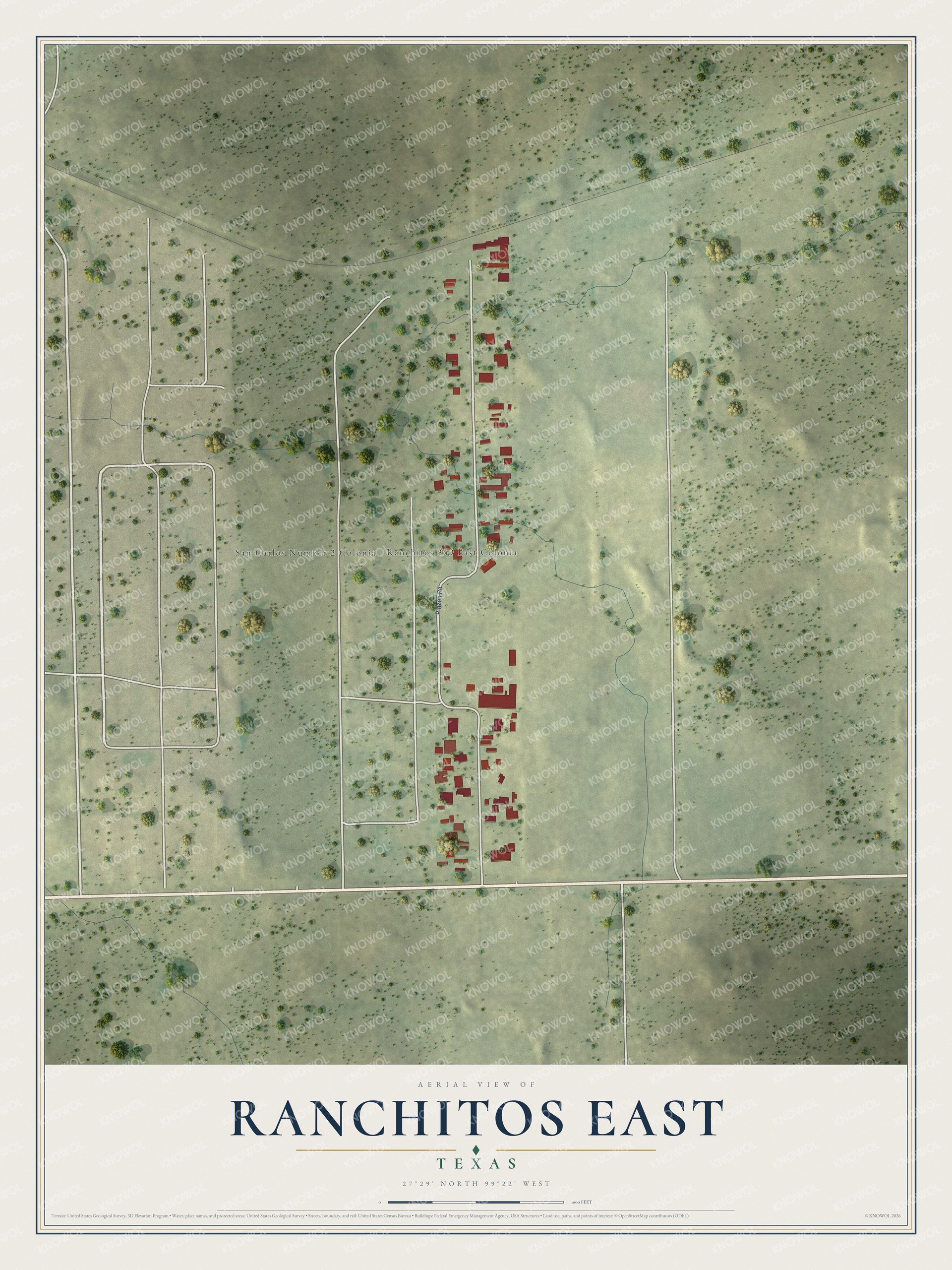 Full map of Ranchitos East, Texas, with red buildings, printed street names and the land around them