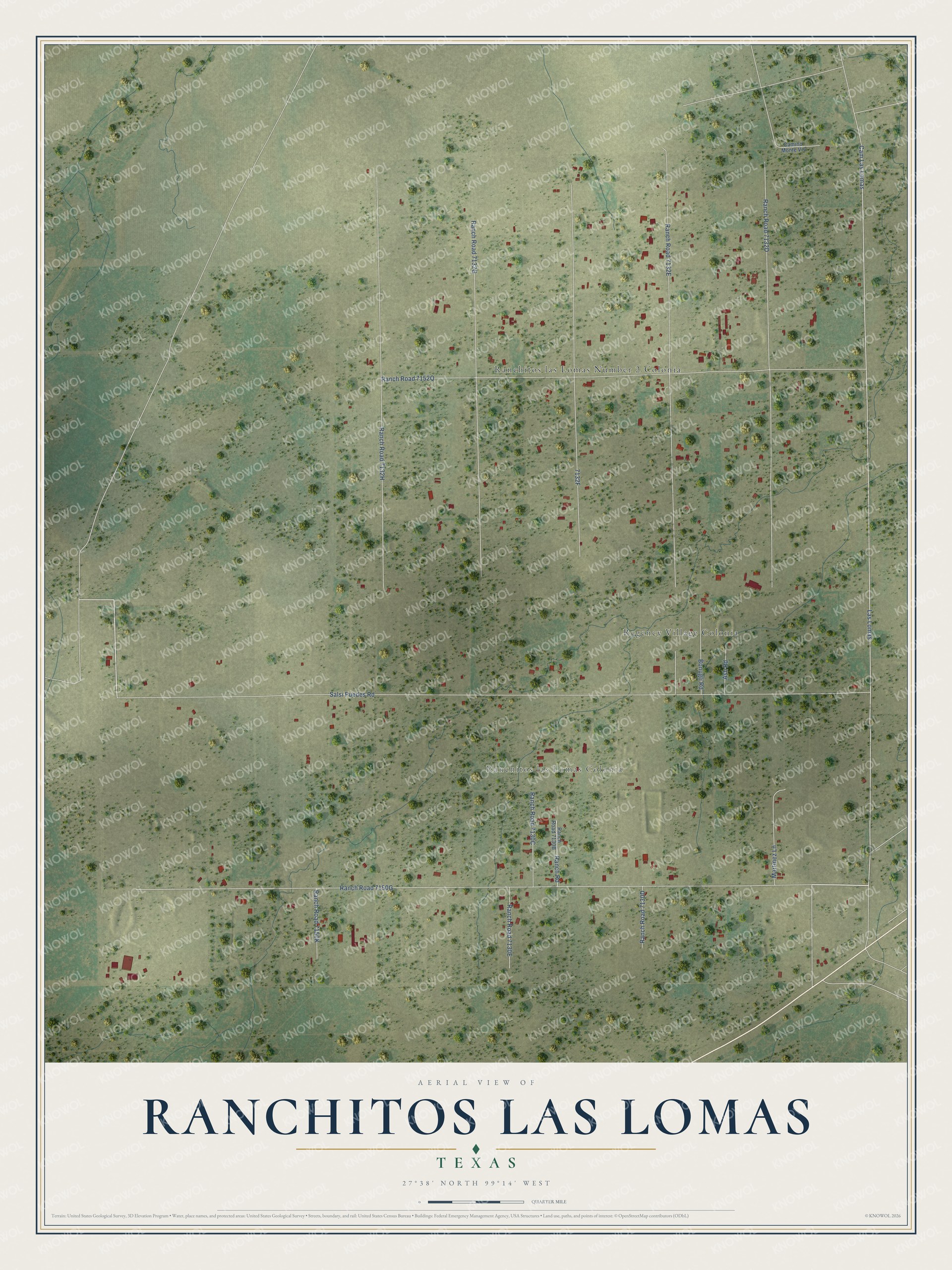 Full map of Ranchitos Las Lomas, Texas, with red buildings, printed street names and the land around them