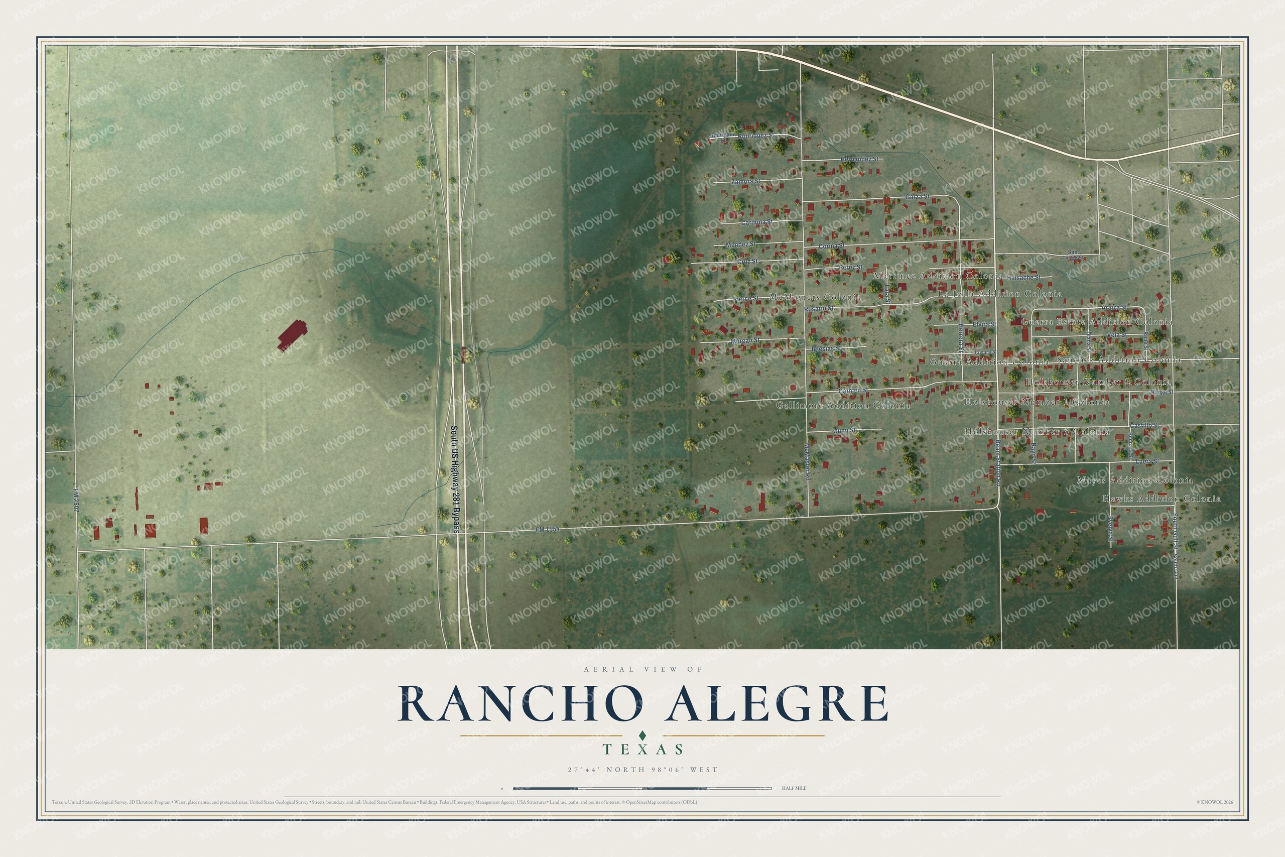 Full map of Rancho Alegre, Texas, with red buildings, printed street names and the land around them