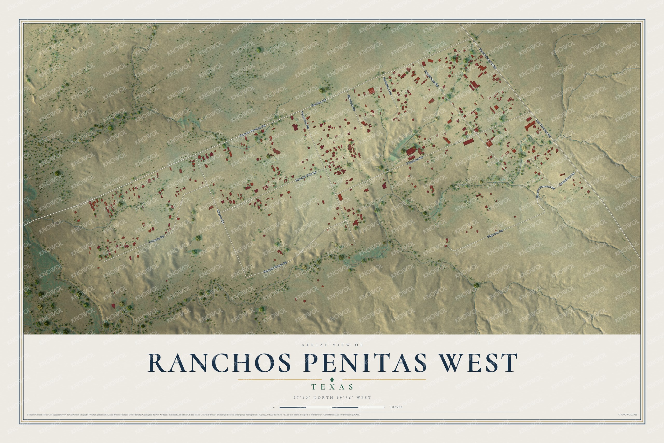 Full map of Ranchos Penitas West, Texas, with red buildings, printed street names and the land around them