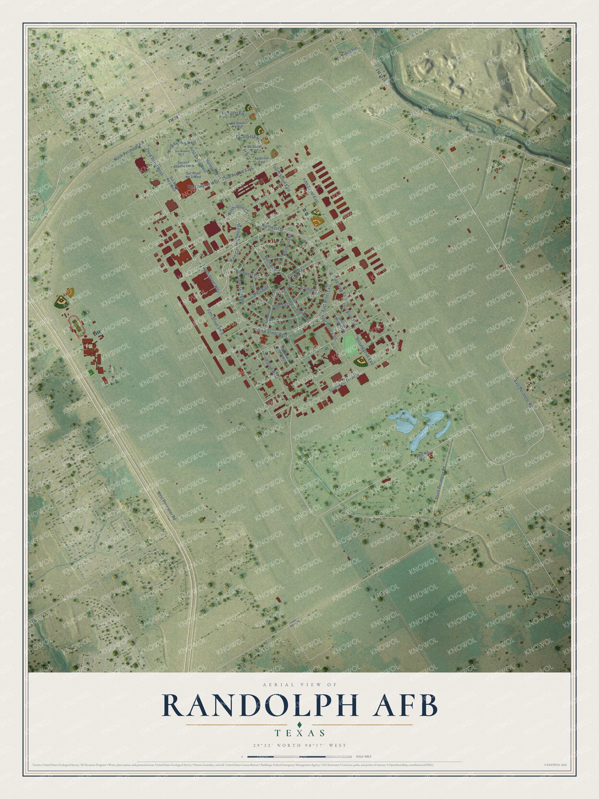 Full map of Randolph AFB, Texas, with red buildings, printed street names and the land around them