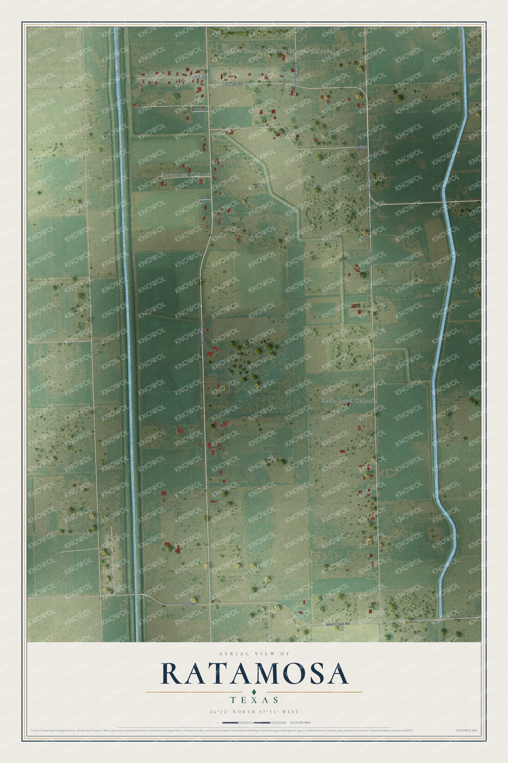 Full map of Ratamosa, Texas, with red buildings, printed street names and the land around them