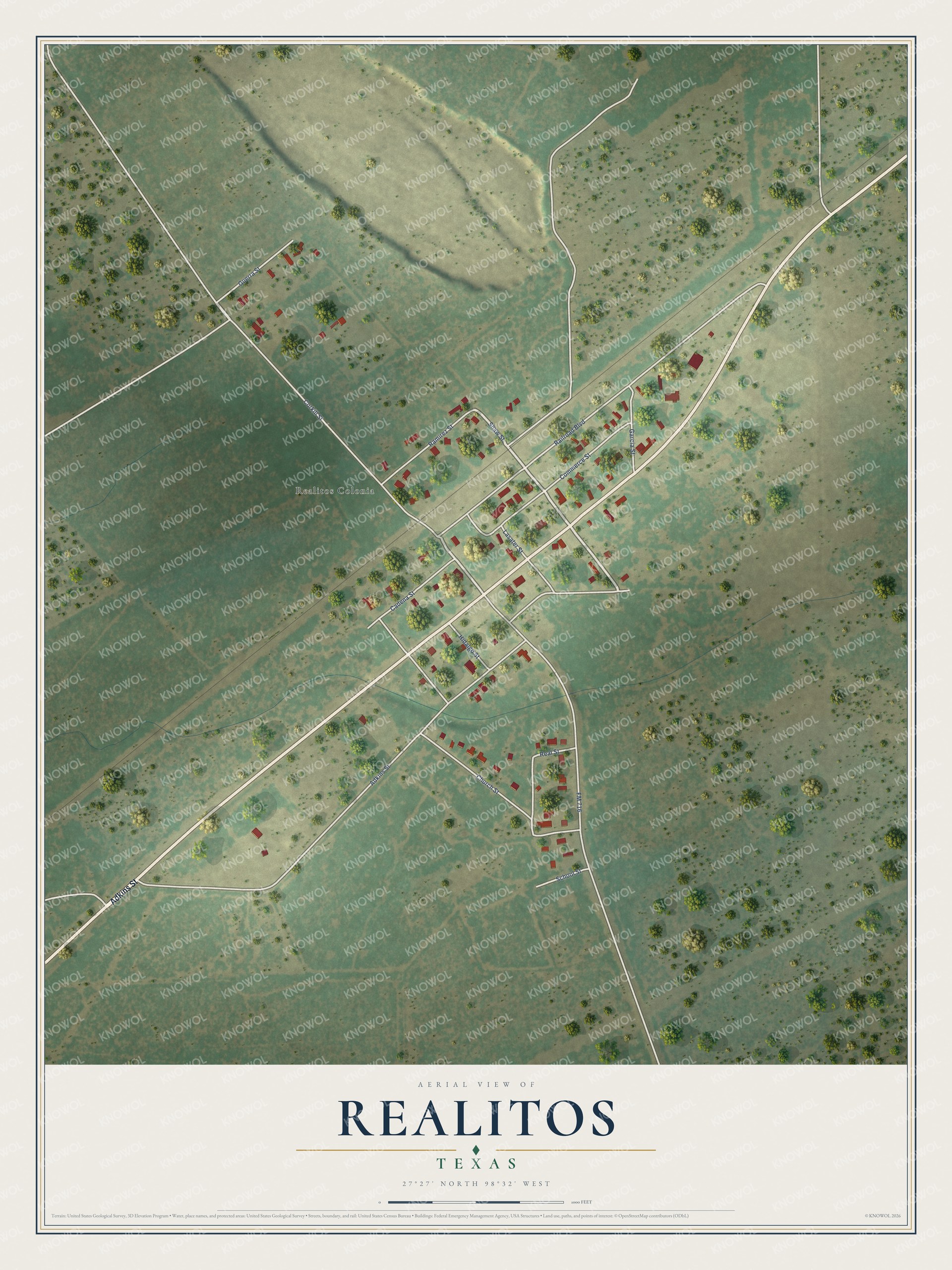 Full map of Realitos, Texas, with red buildings, printed street names and the land around them