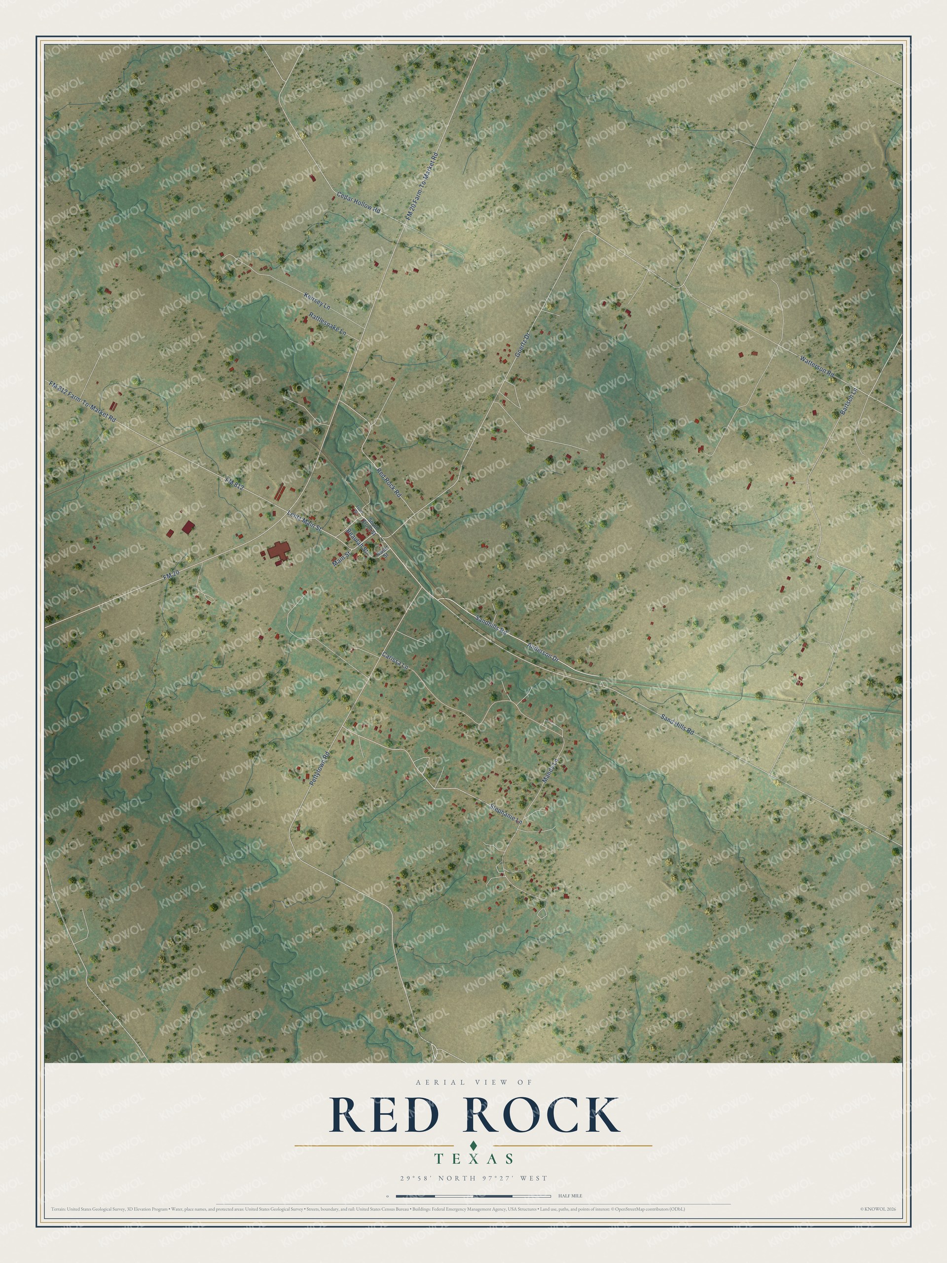 Full map of Red Rock, Texas, with red buildings, printed street names and the land around them