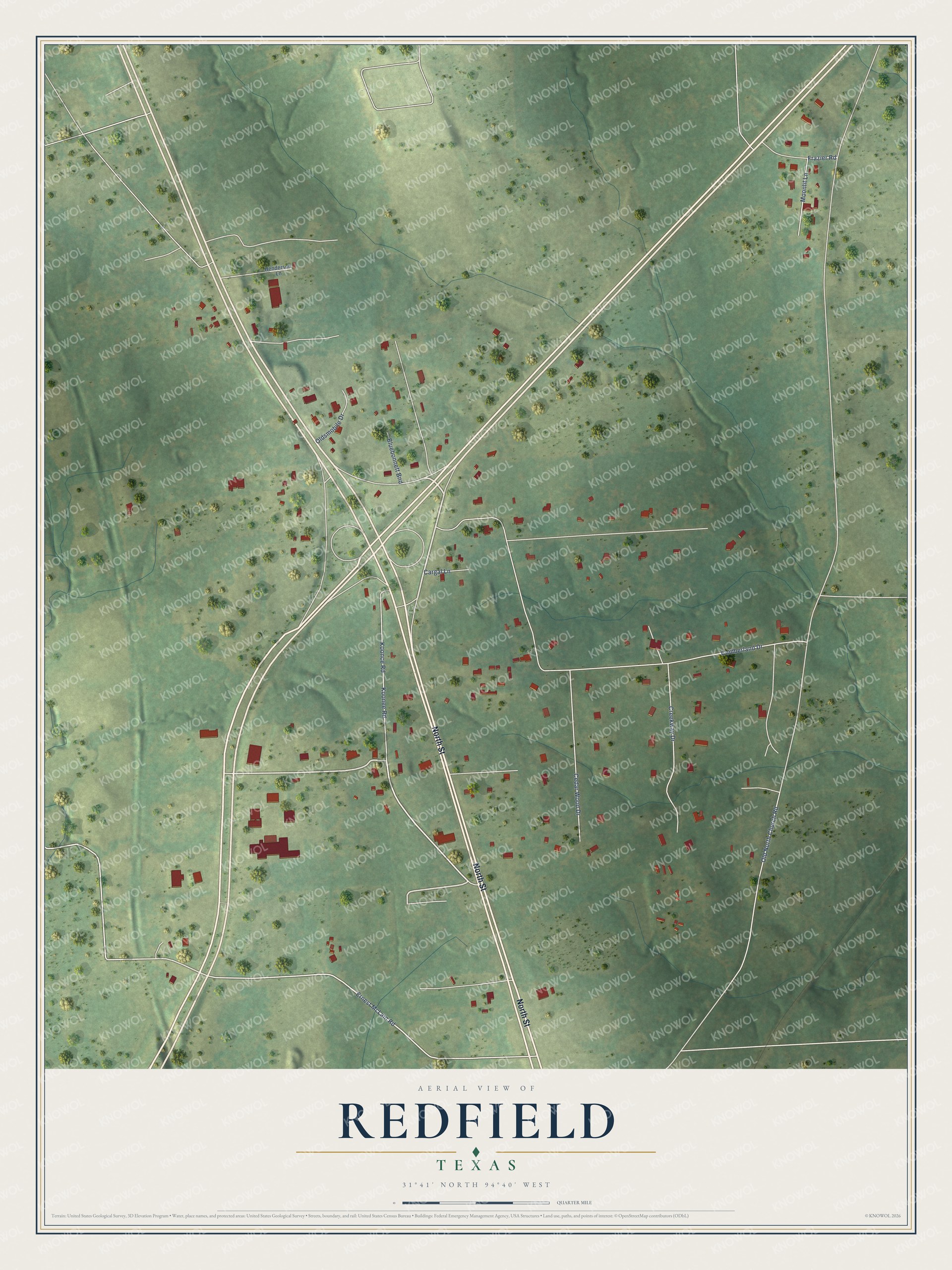 Full map of Redfield, Texas, with red buildings, printed street names and the land around them