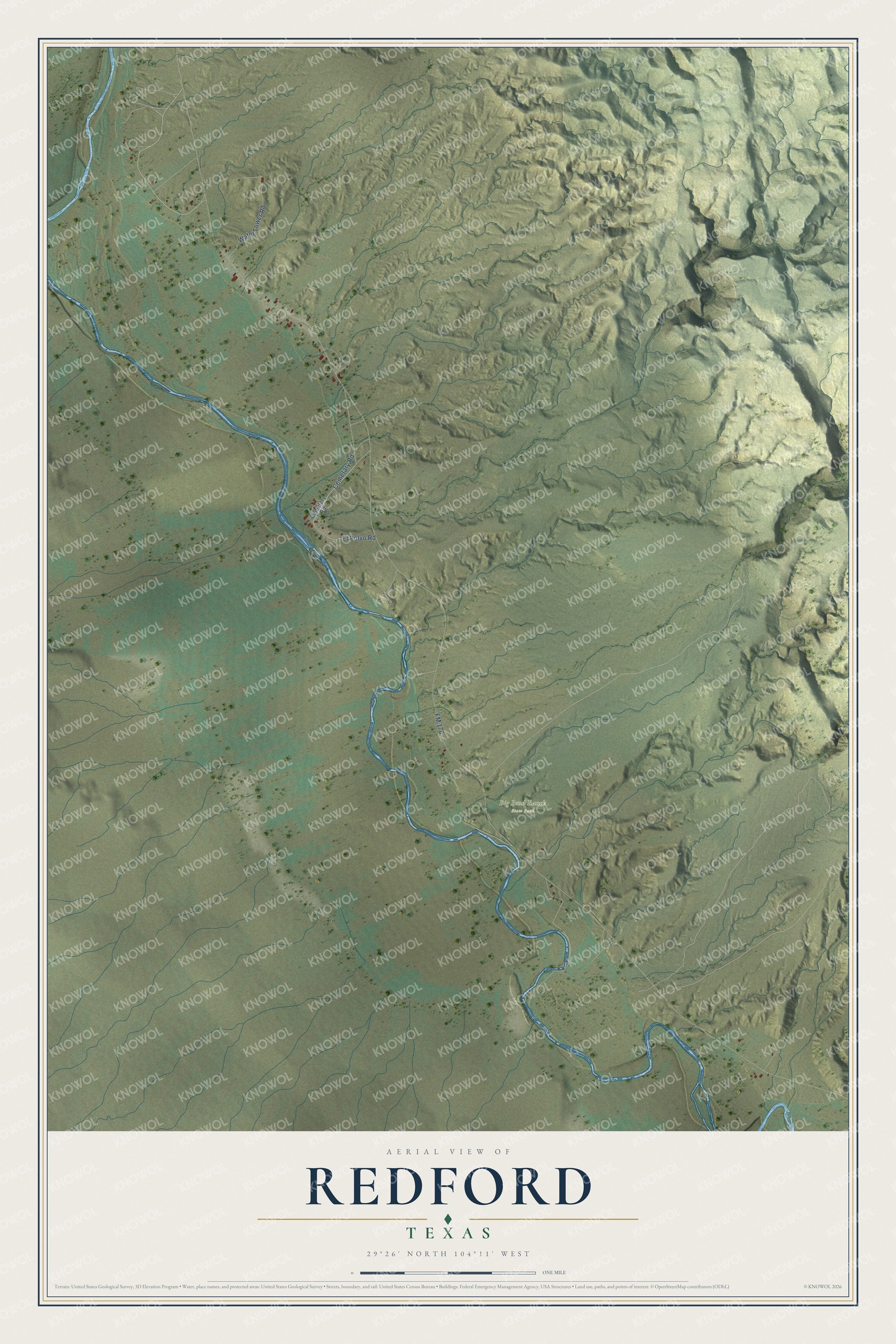 Full map of Redford, Texas, with red buildings, printed street names and the land around them