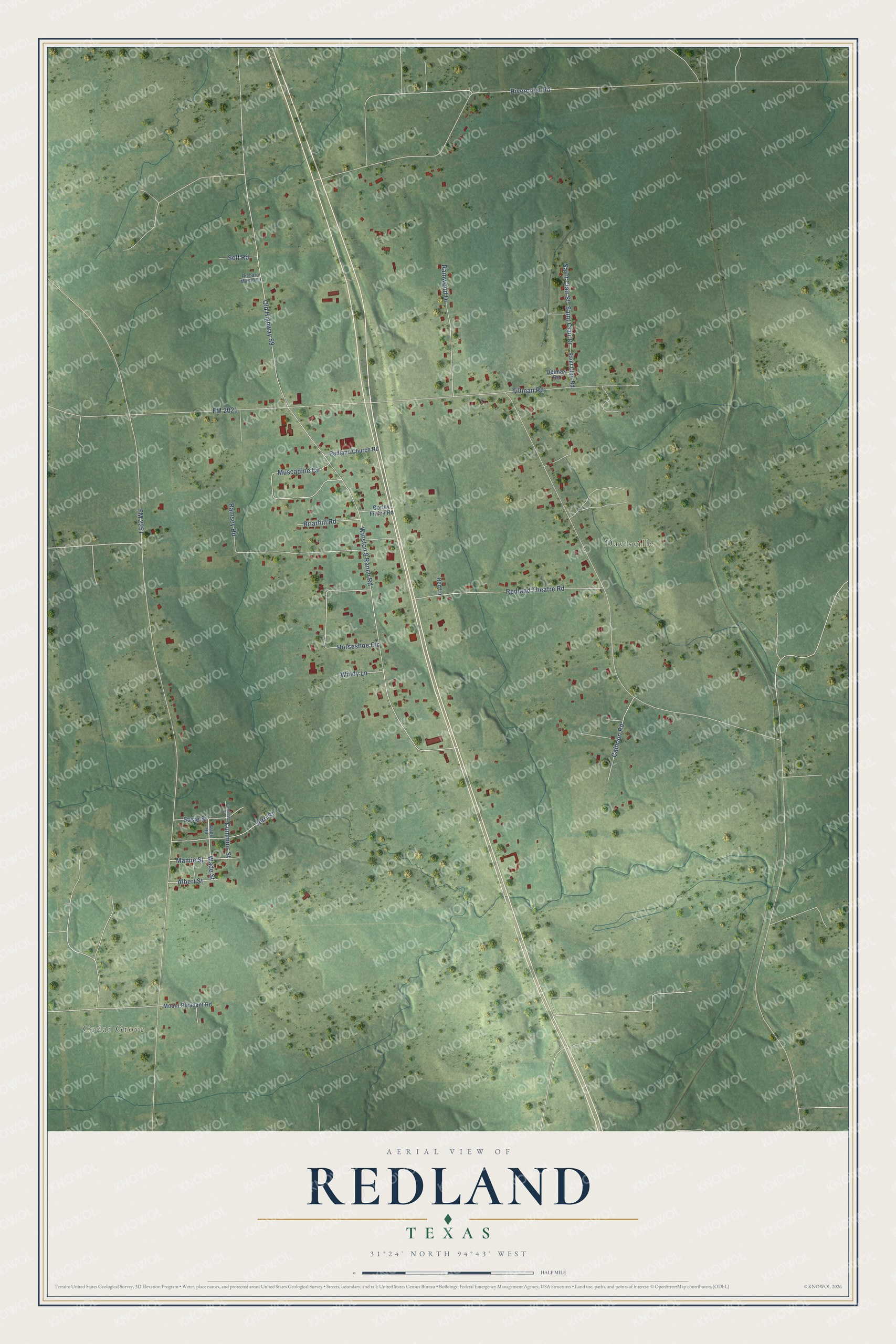Full map of Redland, Texas, with red buildings, printed street names and the land around them