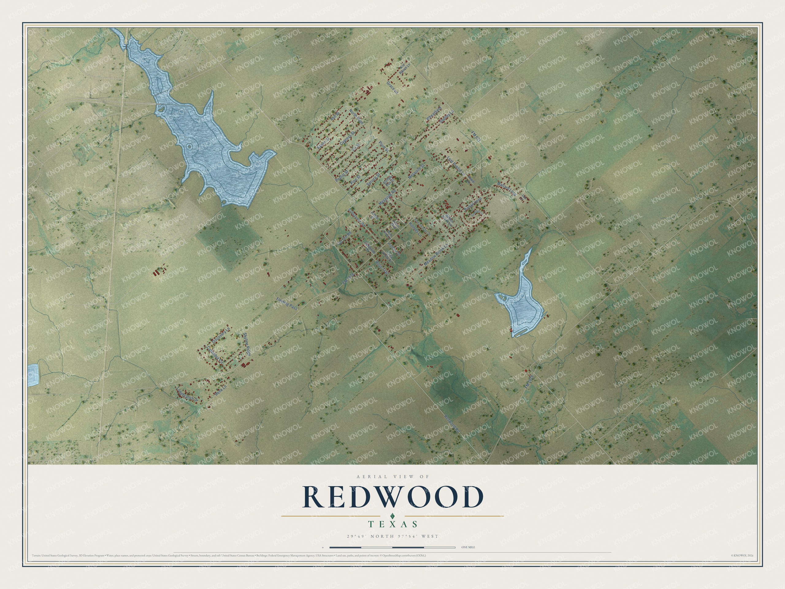 Full map of Redwood, Texas, with red buildings, printed street names and the land around them