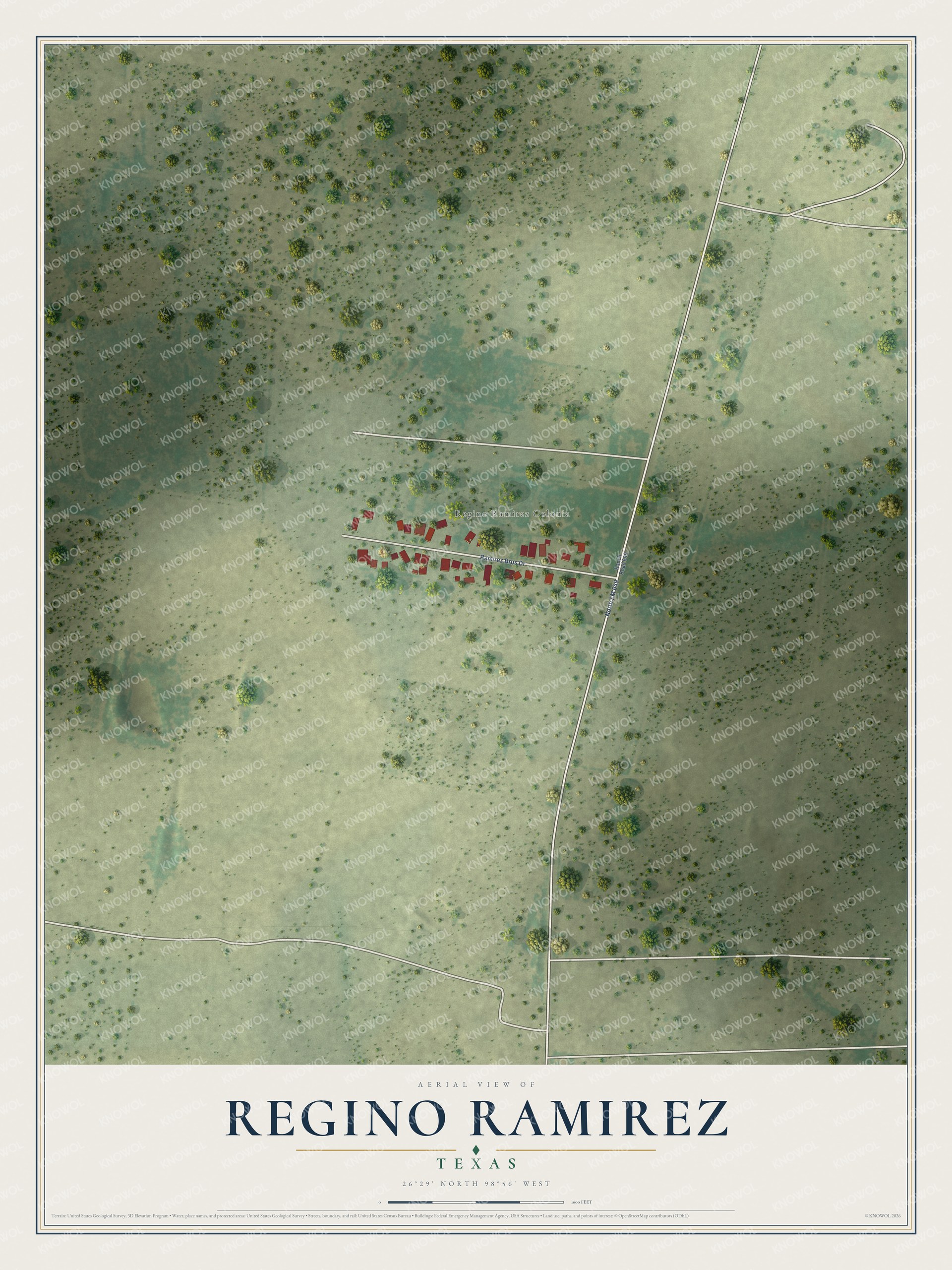 Full map of Regino Ramirez, Texas, with red buildings, printed street names and the land around them