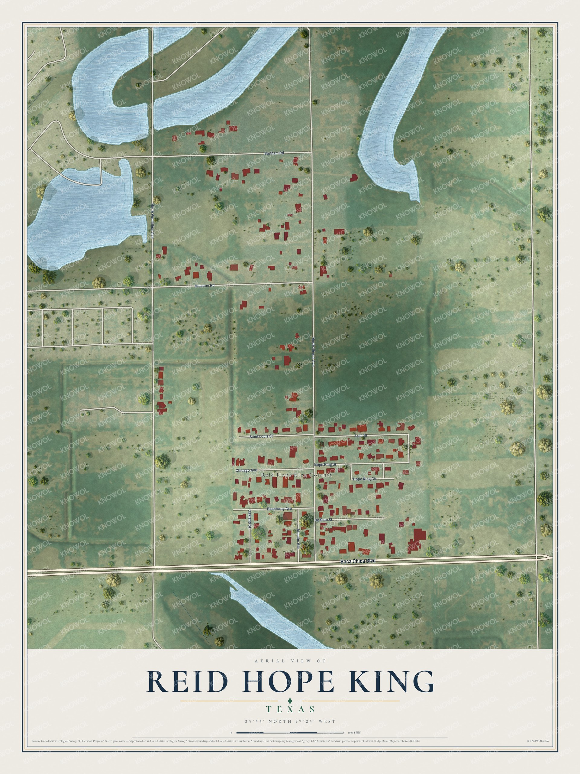 Full map of Reid Hope King, Texas, with red buildings, printed street names and the land around them
