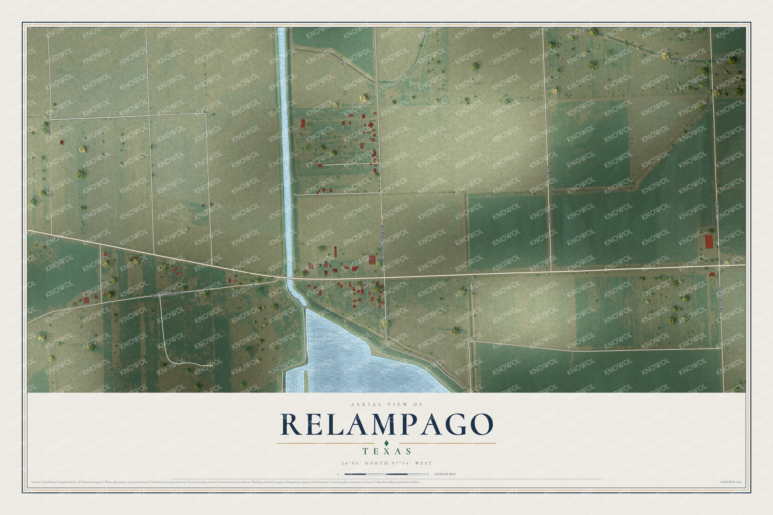 Full map of Relampago, Texas, with red buildings, printed street names and the land around them