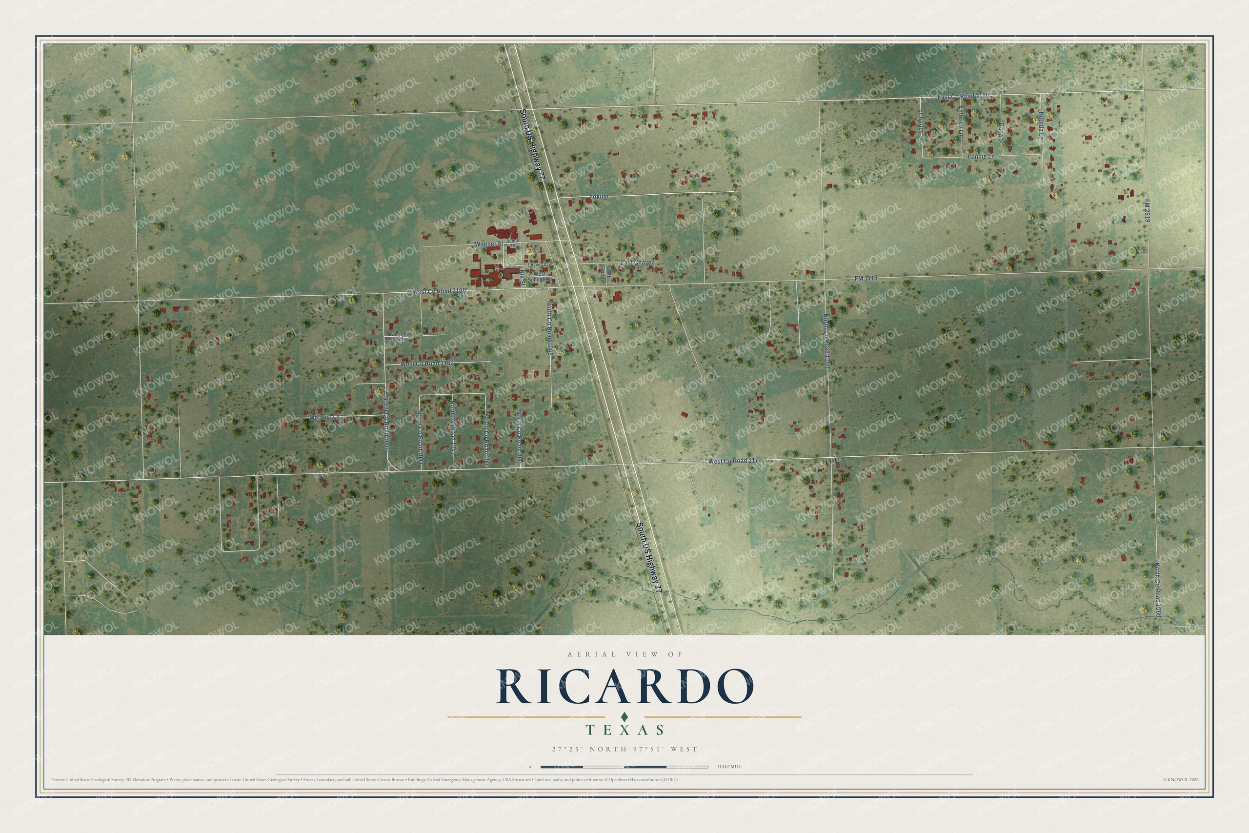 Full map of Ricardo, Texas, with red buildings, printed street names and the land around them
